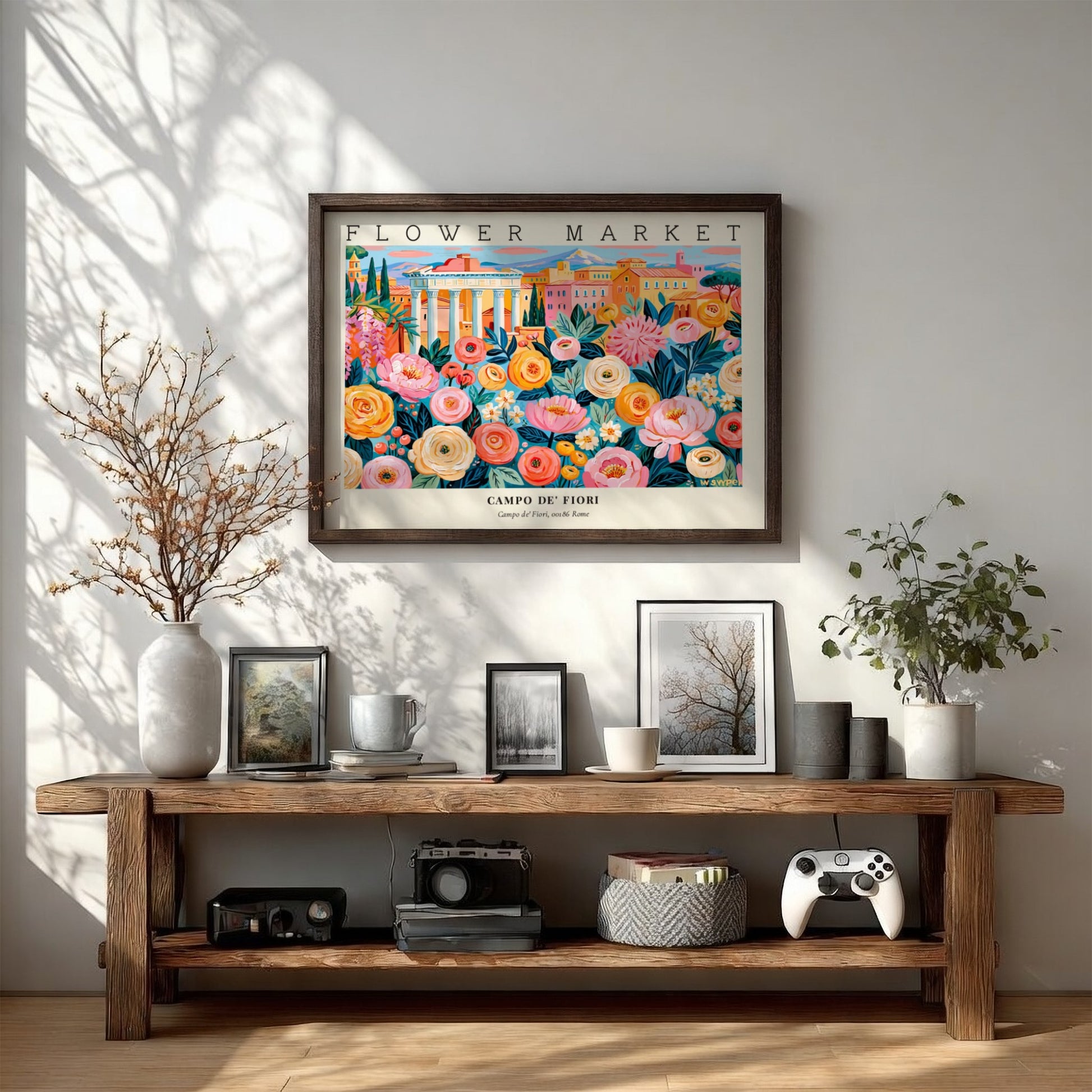 Flower market poster featuring vibrant flowers in a colorful scene