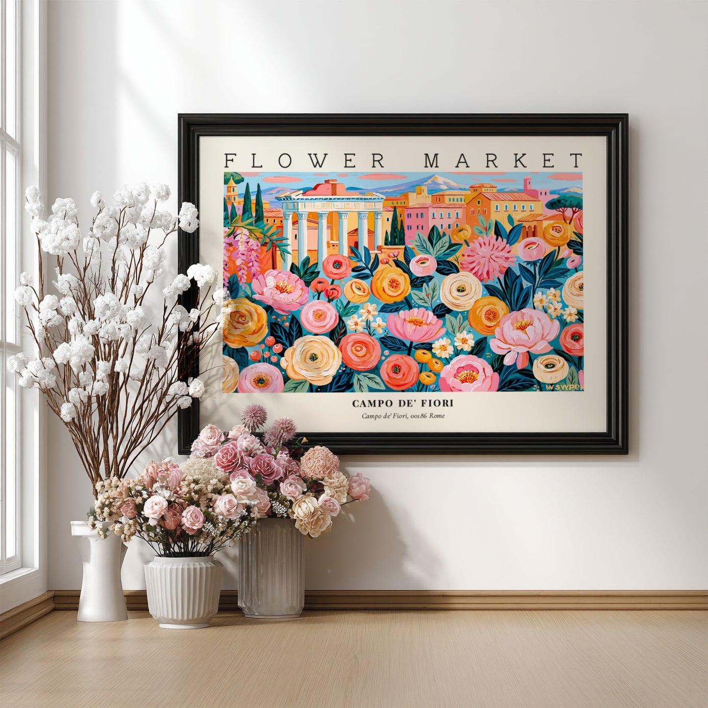 Flower market poster showcasing colorful blooms at Campo de' Fiori in Rome