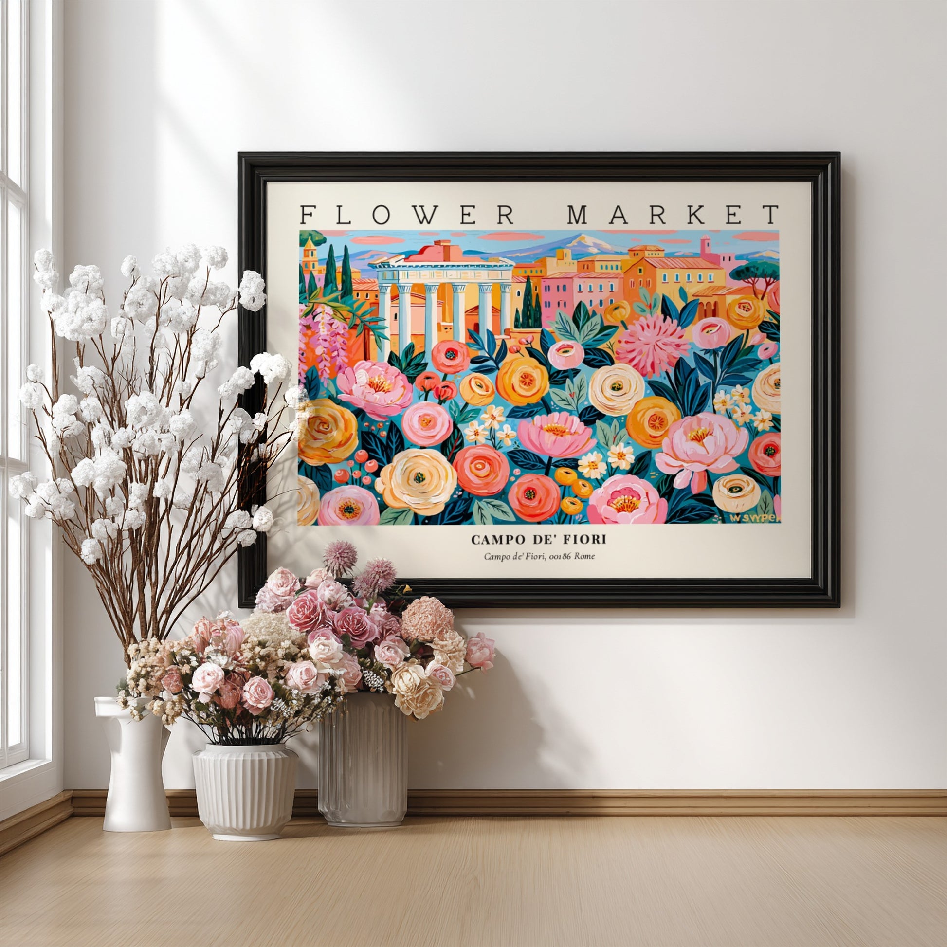 Flower market poster showcasing colorful blooms at Campo de' Fiori in Rome