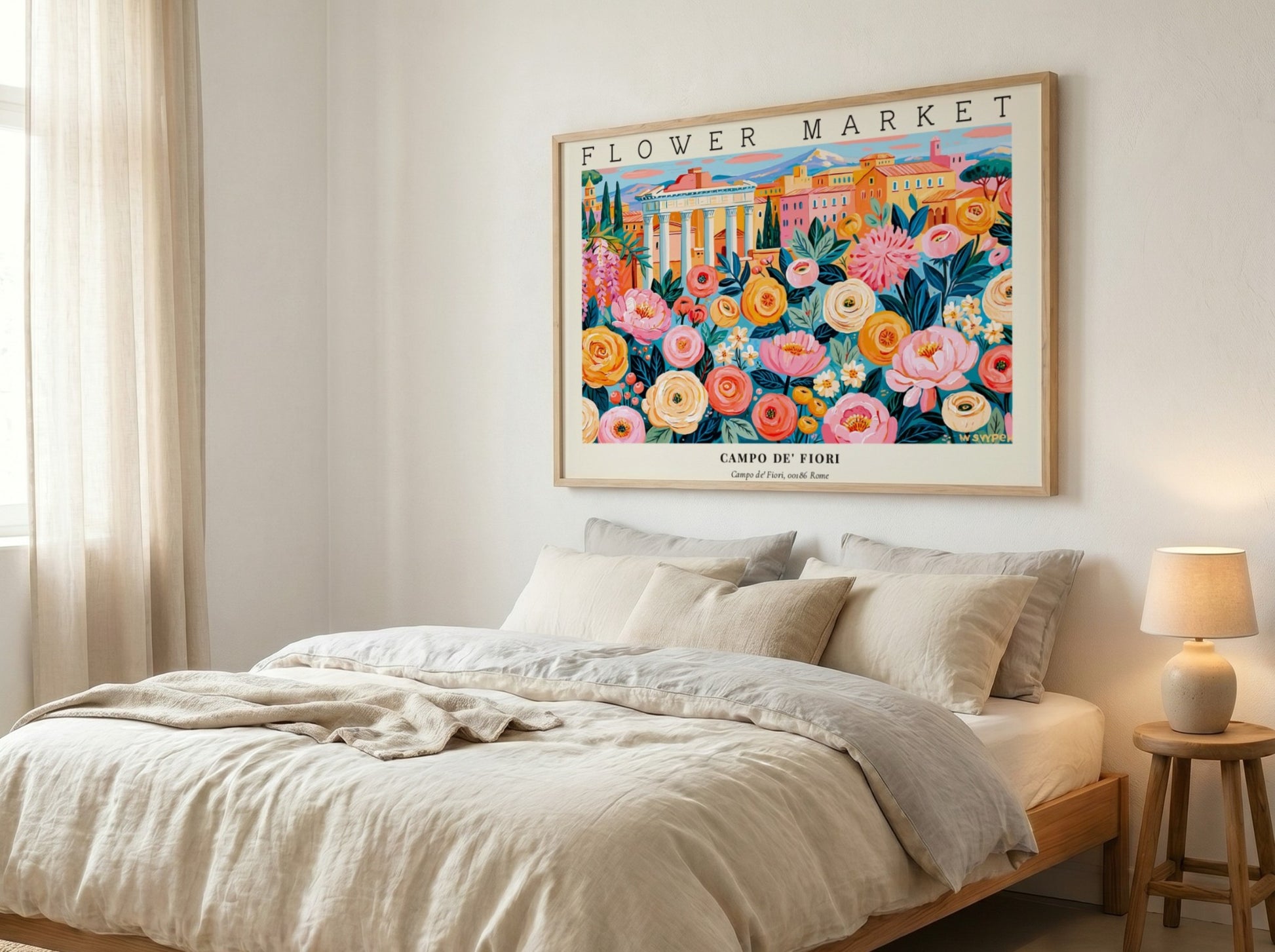 Flower market poster featuring vibrant flowers in a colorful scene