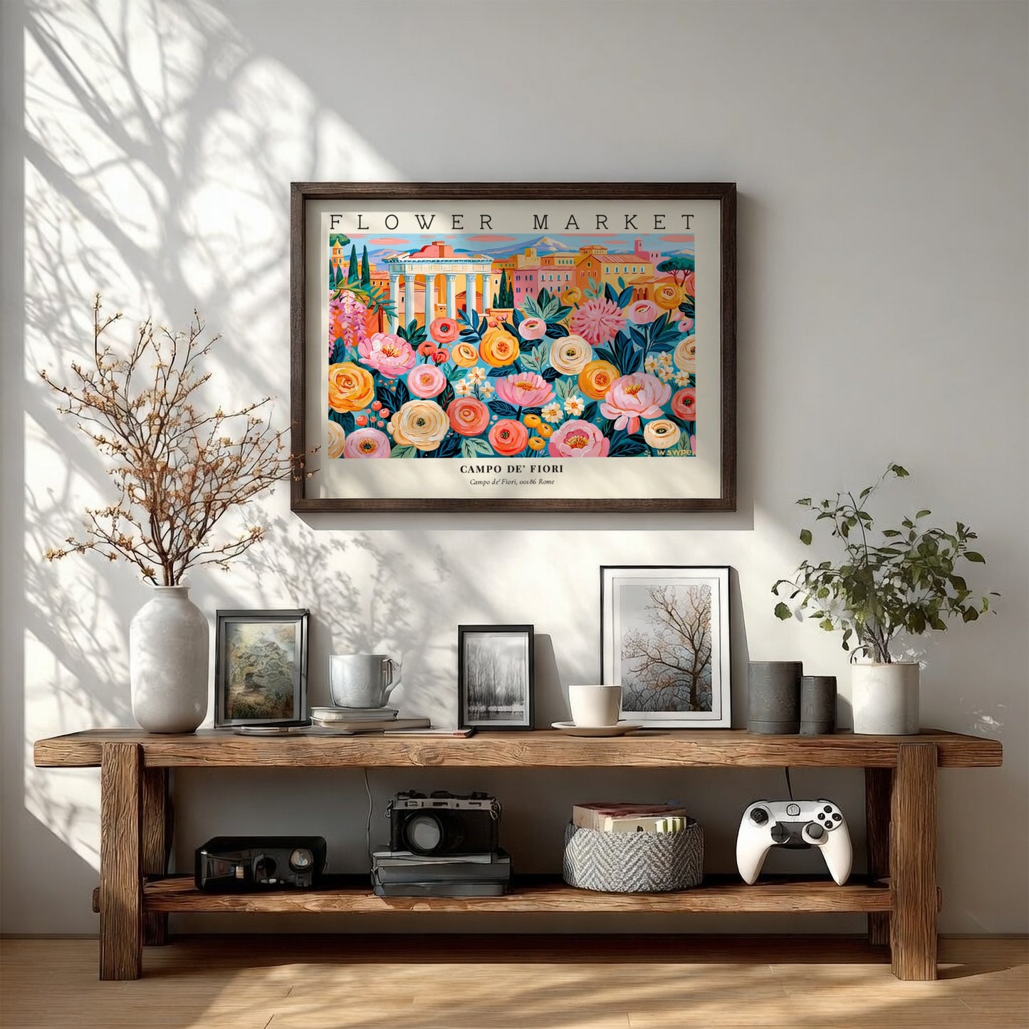 Flower market poster showcasing colorful blooms at Campo de' Fiori in Rome