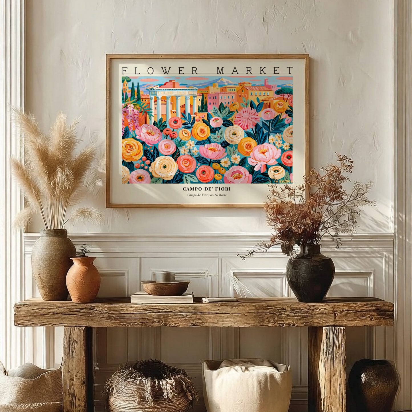 Flower market poster showcasing colorful blooms at Campo de' Fiori in Rome