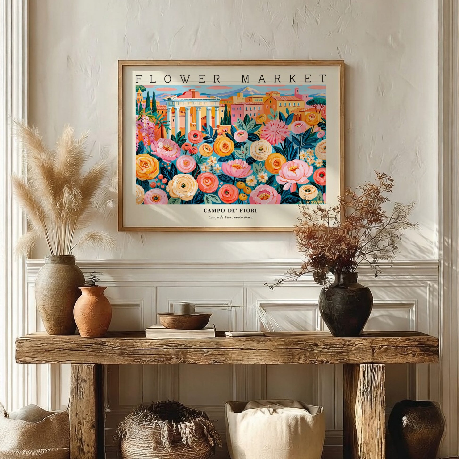 Flower market poster showcasing colorful blooms at Campo de' Fiori in Rome