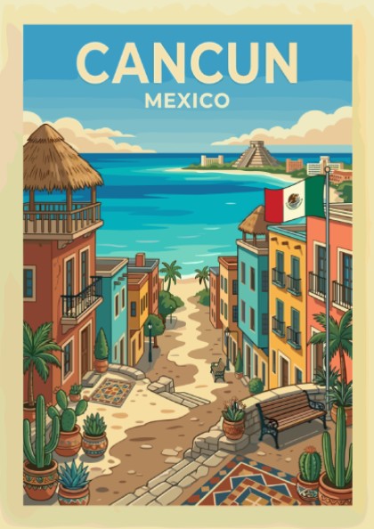 Cancun travel poster featuring a colorful street leading to a turquoise ocean and a Mayan pyramid.