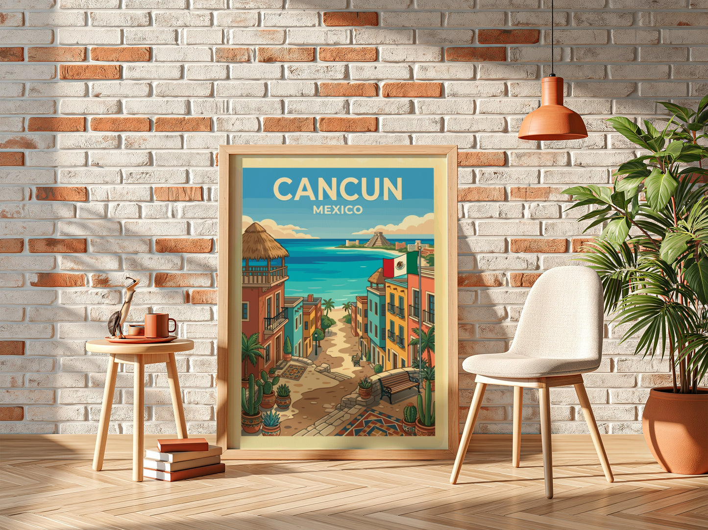 Cancun travel poster featuring a colorful street leading to a turquoise ocean and a Mayan pyramid.