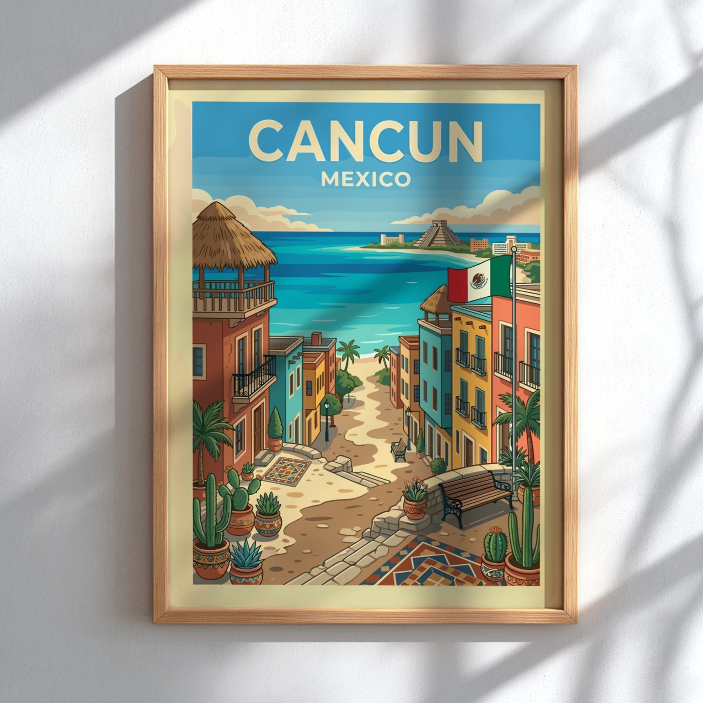 Cancun travel poster featuring a colorful street leading to a turquoise ocean and a Mayan pyramid.