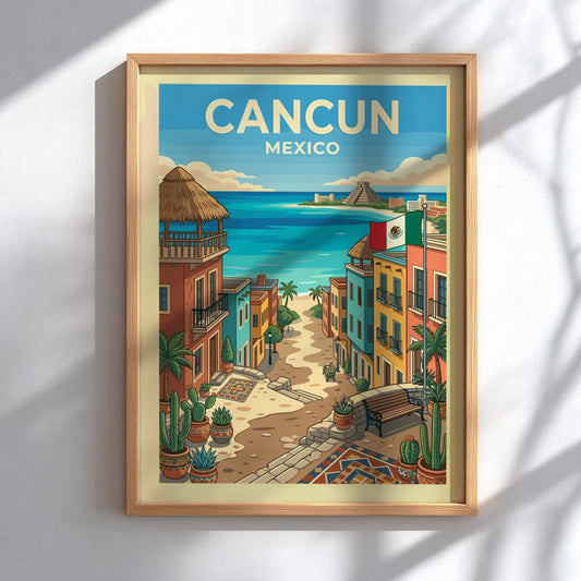 Cancun travel poster featuring a colorful street leading to a turquoise ocean and a Mayan pyramid.