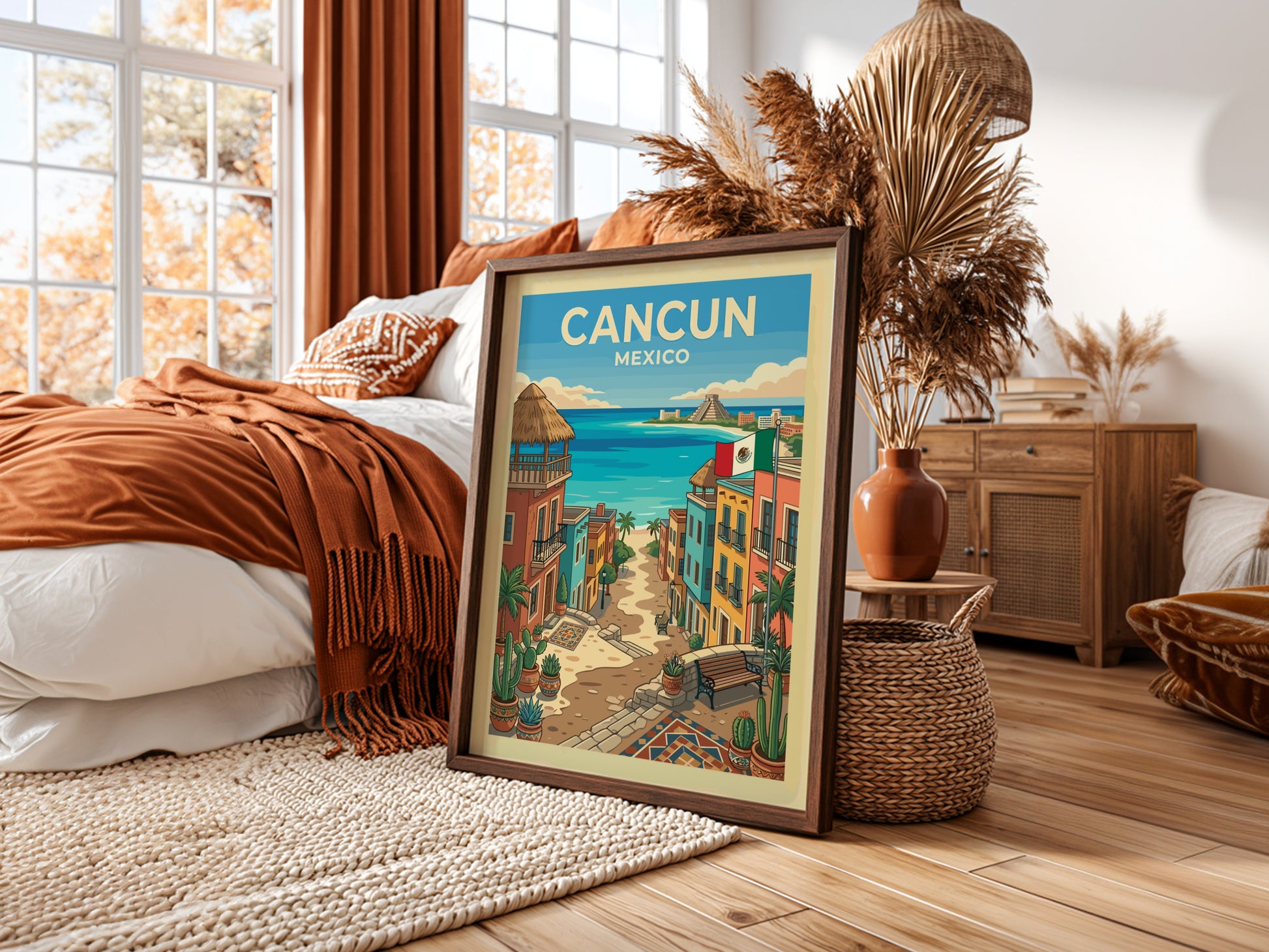 Cancun travel poster featuring a colorful street leading to a turquoise ocean and a Mayan pyramid.