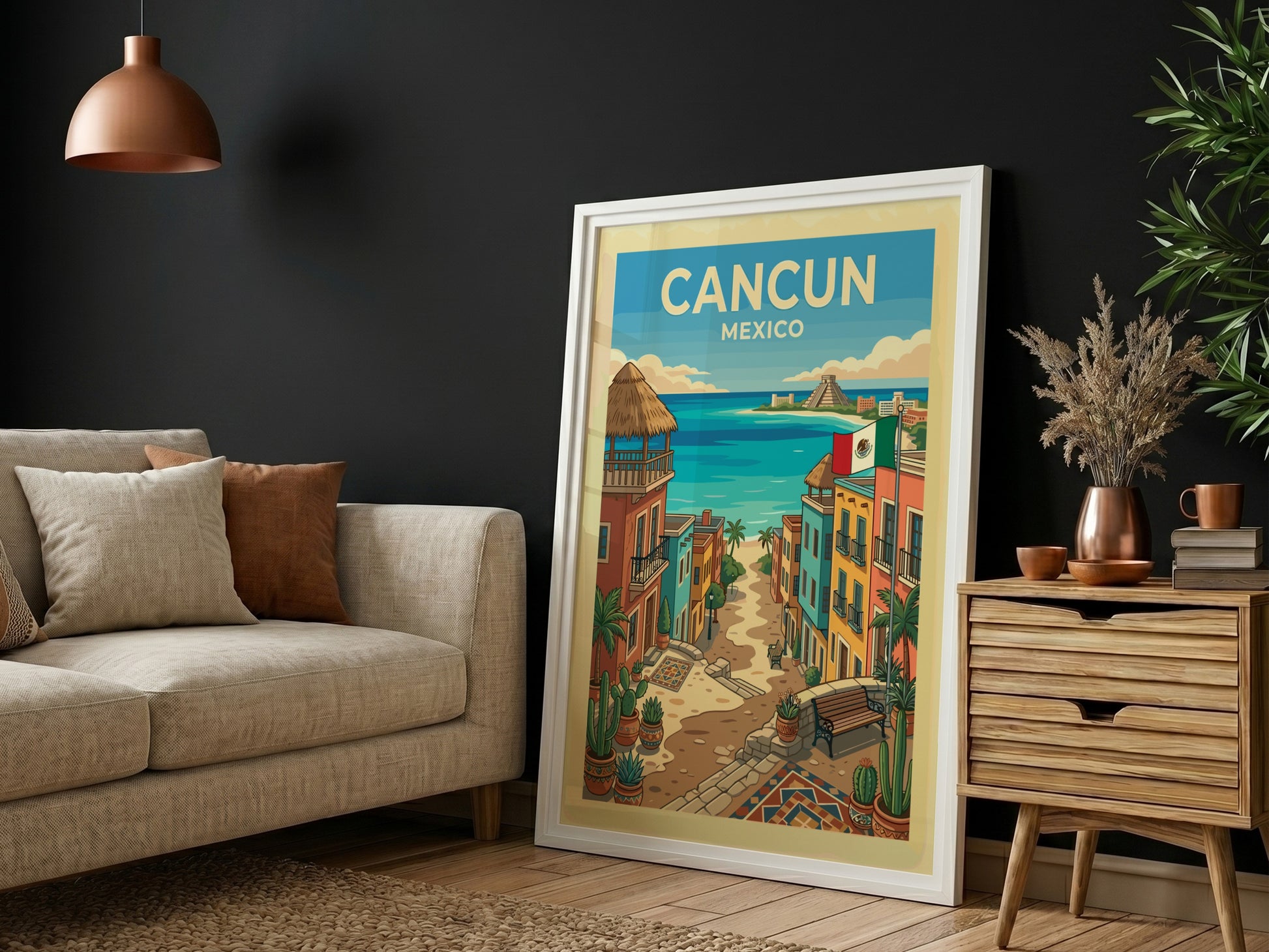 Cancun travel poster featuring a colorful street leading to a turquoise ocean and a Mayan pyramid.