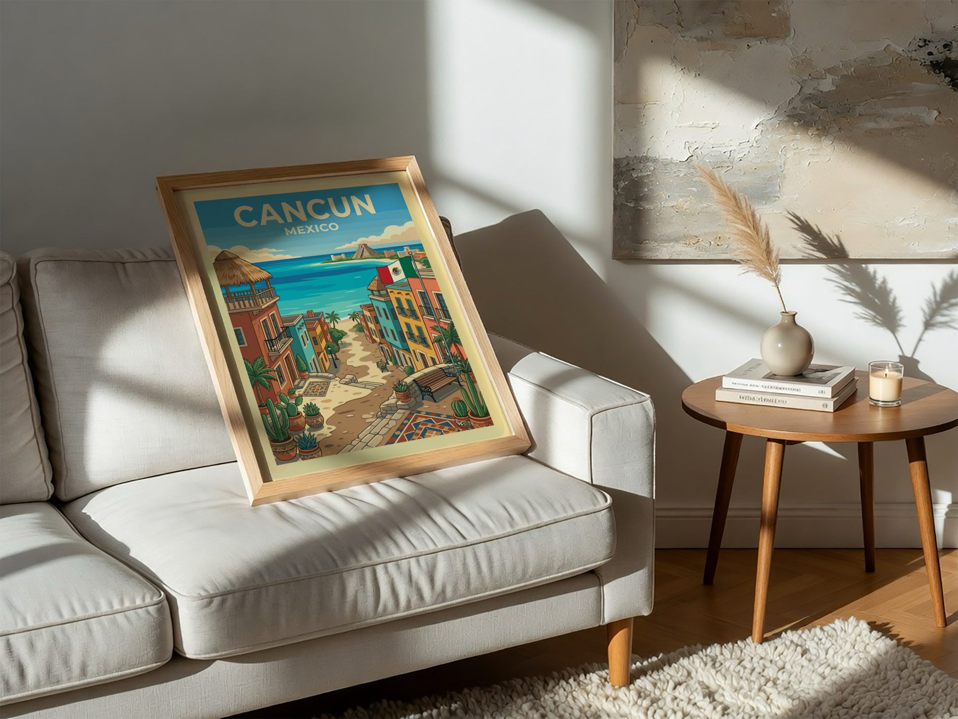 Cancun travel poster featuring a colorful street leading to a turquoise ocean and a Mayan pyramid.