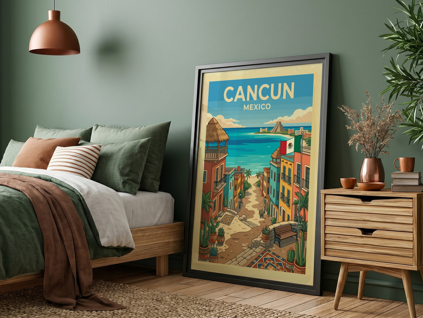 Cancun travel poster featuring a colorful street leading to a turquoise ocean and a Mayan pyramid.