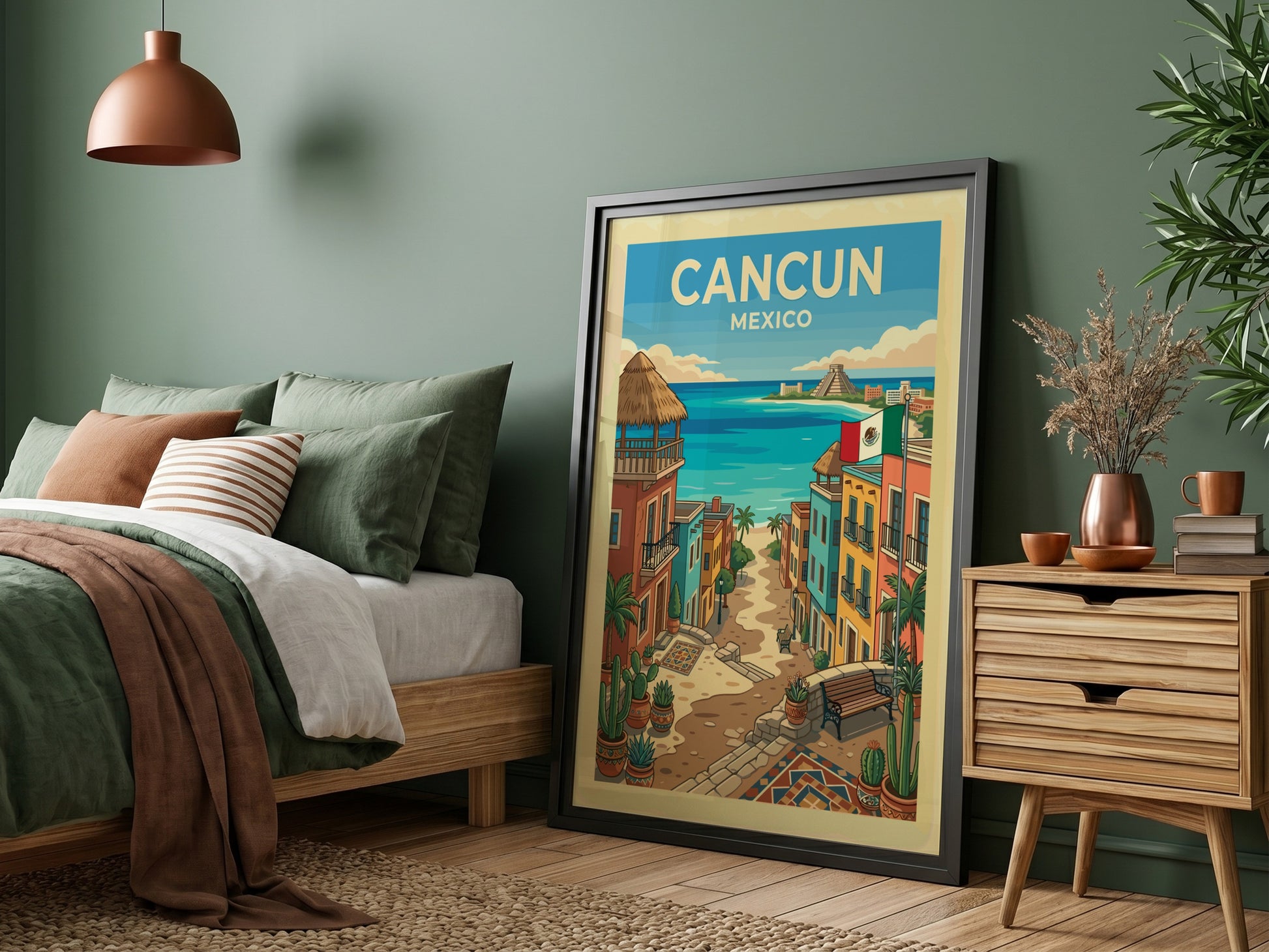 Cancun travel poster featuring a colorful street leading to a turquoise ocean and a Mayan pyramid.