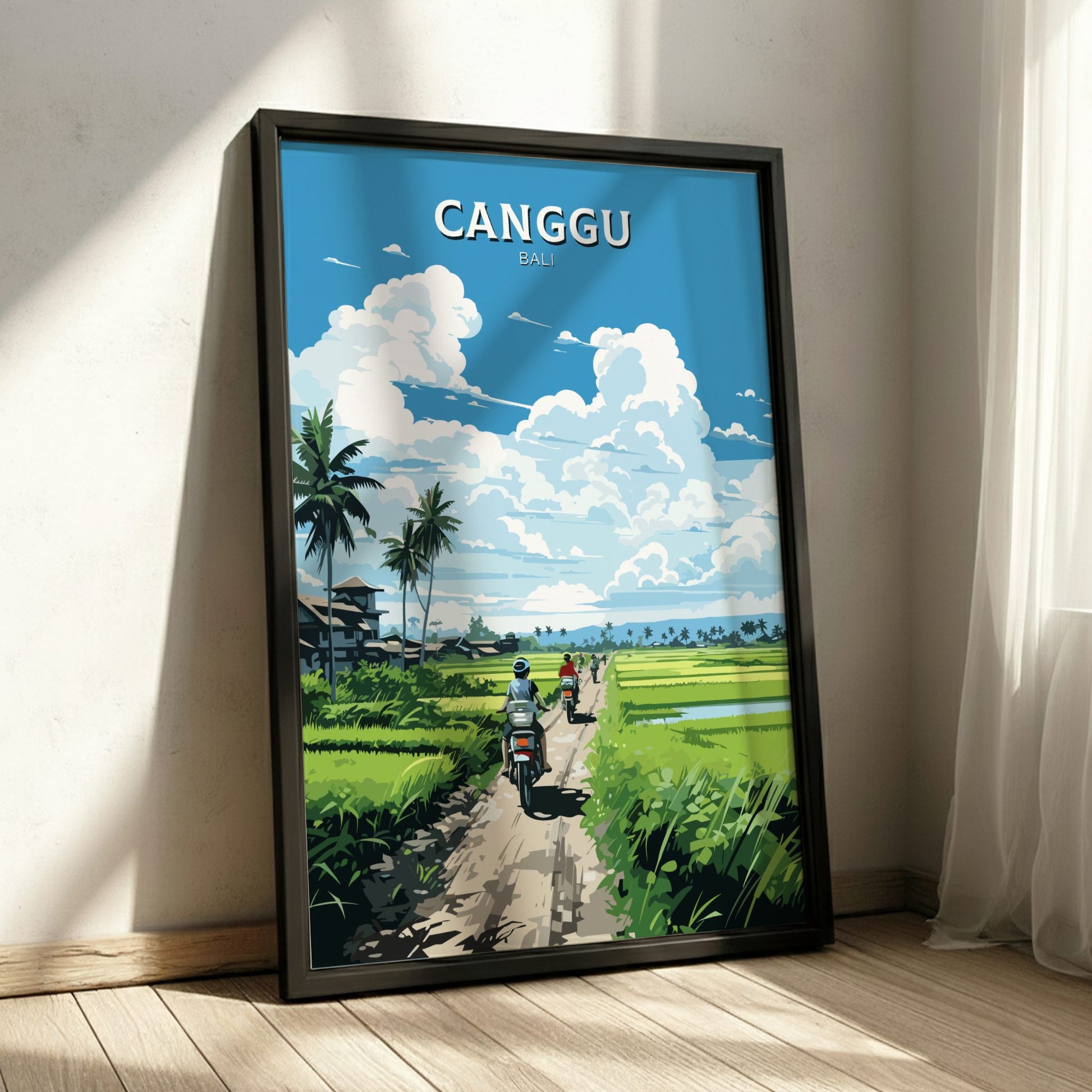 Framed poster of Canggu, Bali with a scenic view of a road and rice fields.