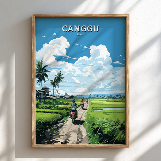 Framed artwork of a scenic view with 'Canggu Bali' text, featuring a road with palm trees and rice fields.