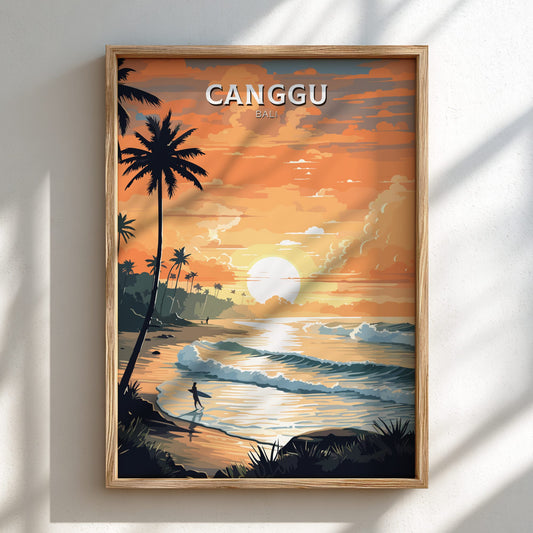 Framed artwork of a sunset over a beach with palm trees and the word 'Canggu' on a white wall.