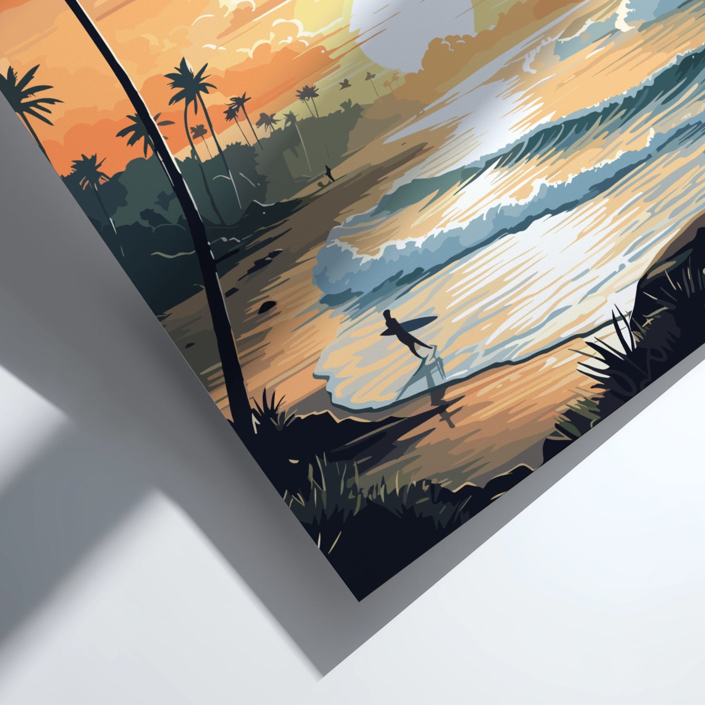 Surreal artwork of a beach scene with palm trees, a surfer, and a colorful sky.
