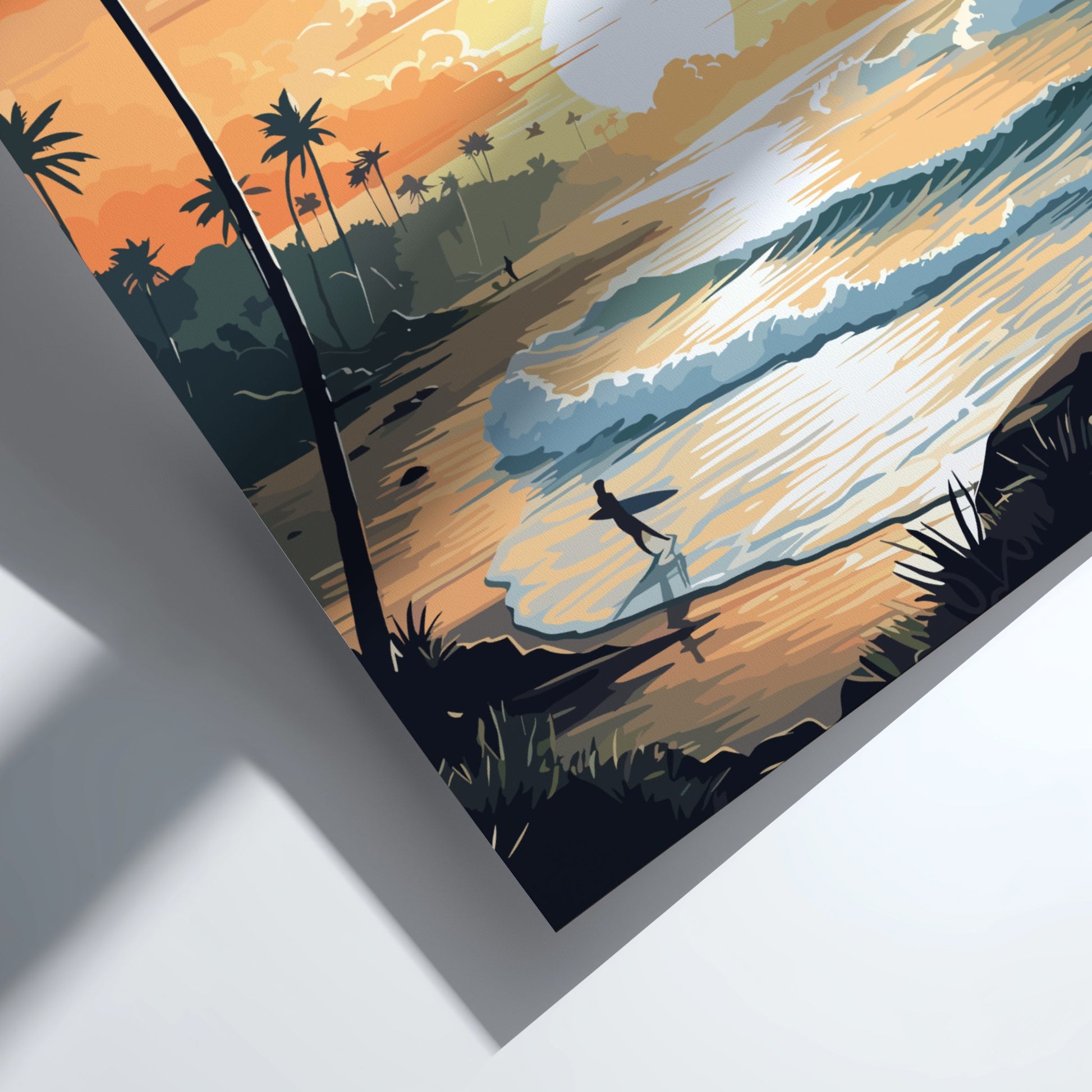 Surreal artwork of a beach scene with palm trees, a surfer, and a colorful sky.