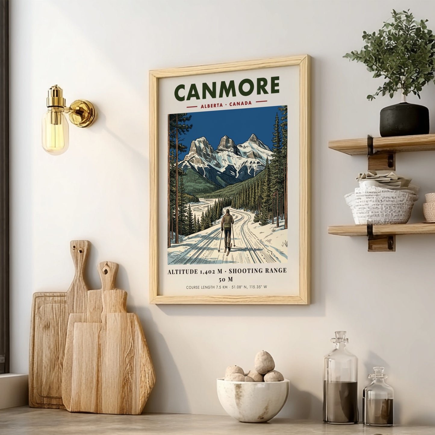 Poster of a lone skier on a snowy track beneath Canmore mountain peaks.