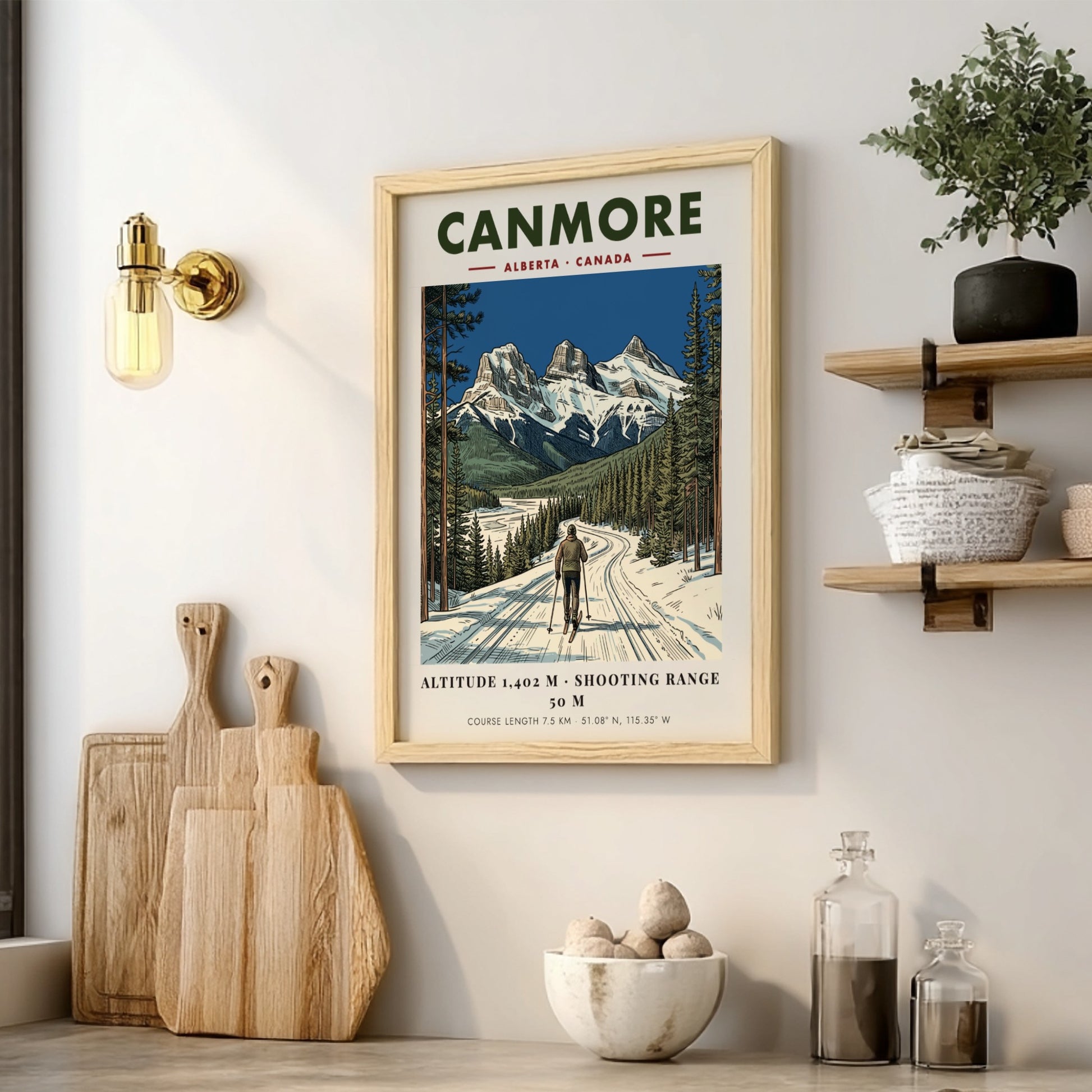 Poster of a lone skier on a snowy track beneath Canmore mountain peaks.