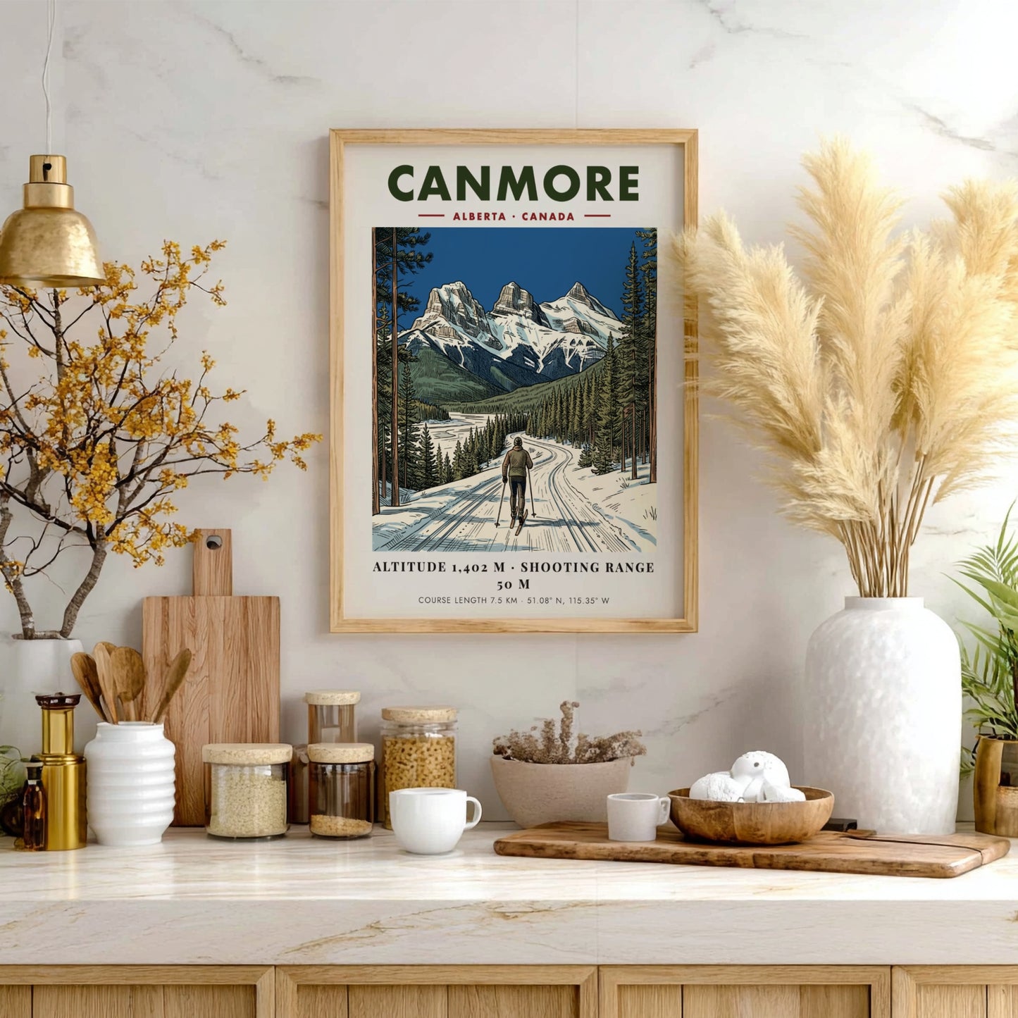 Poster of a lone skier on a snowy track beneath Canmore mountain peaks.
