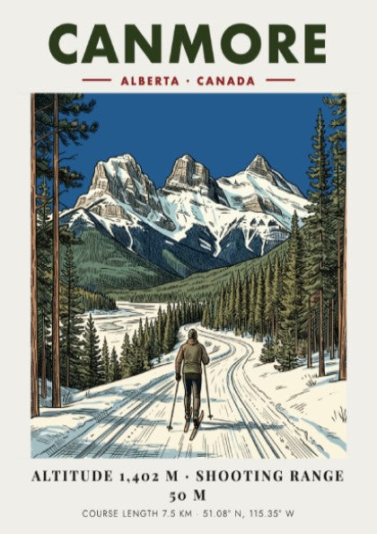 Poster of a lone skier on a snowy track beneath Canmore mountain peaks.