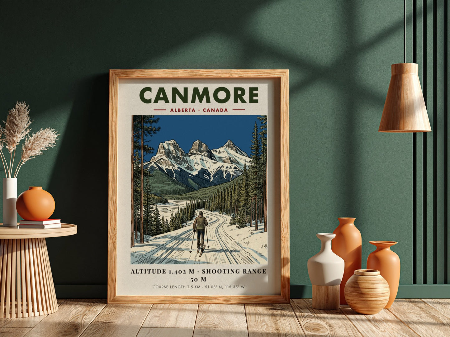 Poster of a lone skier on a snowy track beneath Canmore mountain peaks.