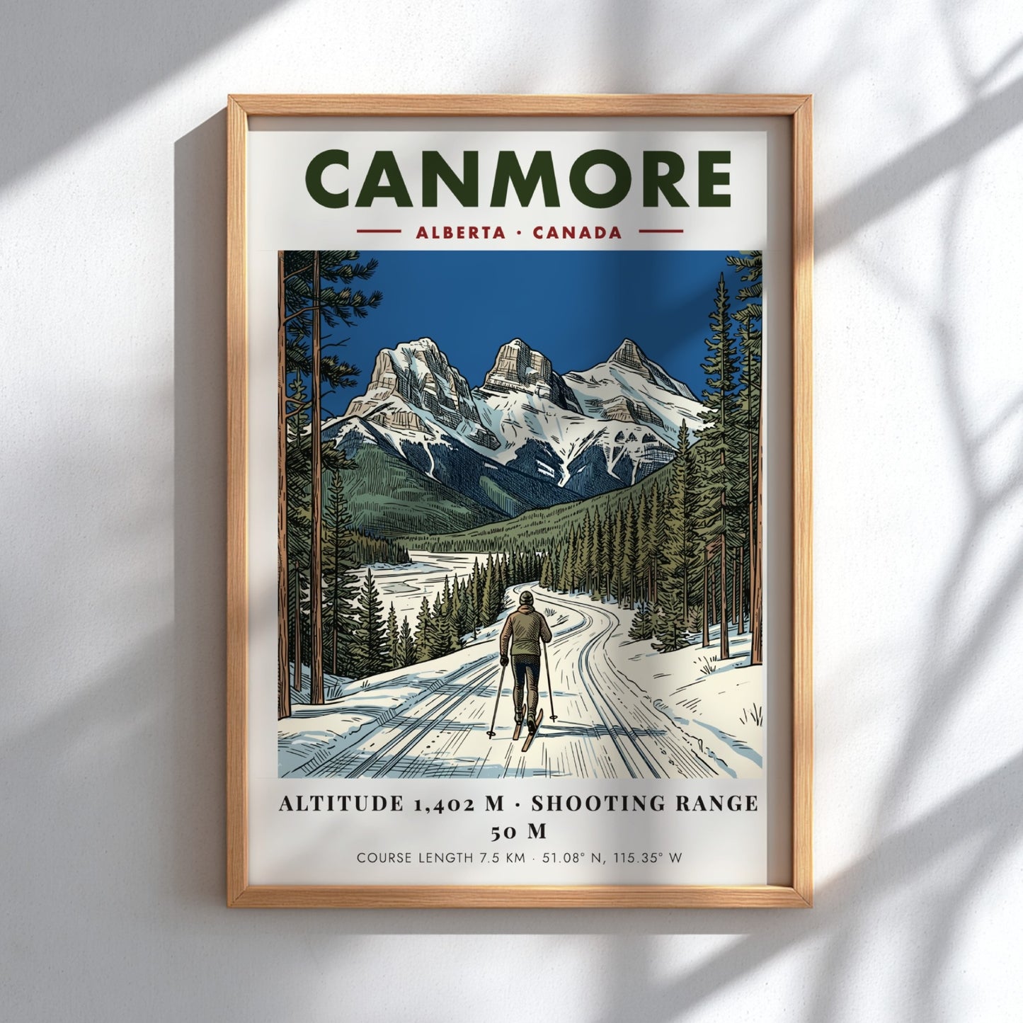 Poster of a lone skier on a snowy track beneath Canmore mountain peaks.