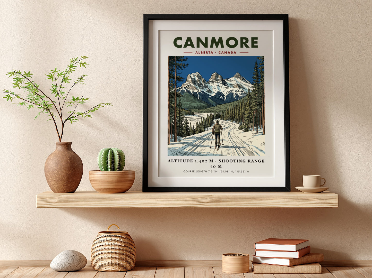 Poster of a lone skier on a snowy track beneath Canmore mountain peaks.