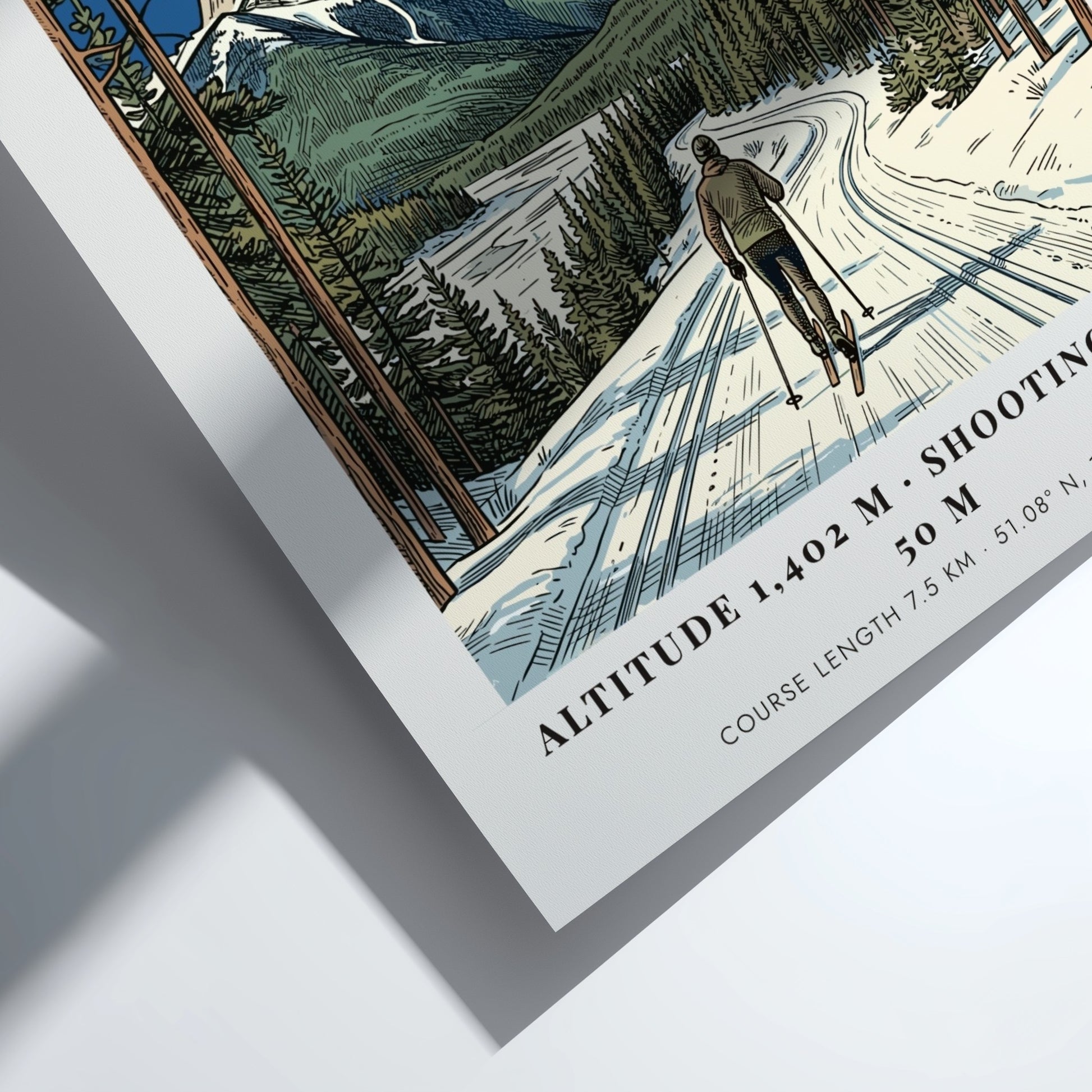 Poster of a lone skier on a snowy track beneath Canmore mountain peaks.