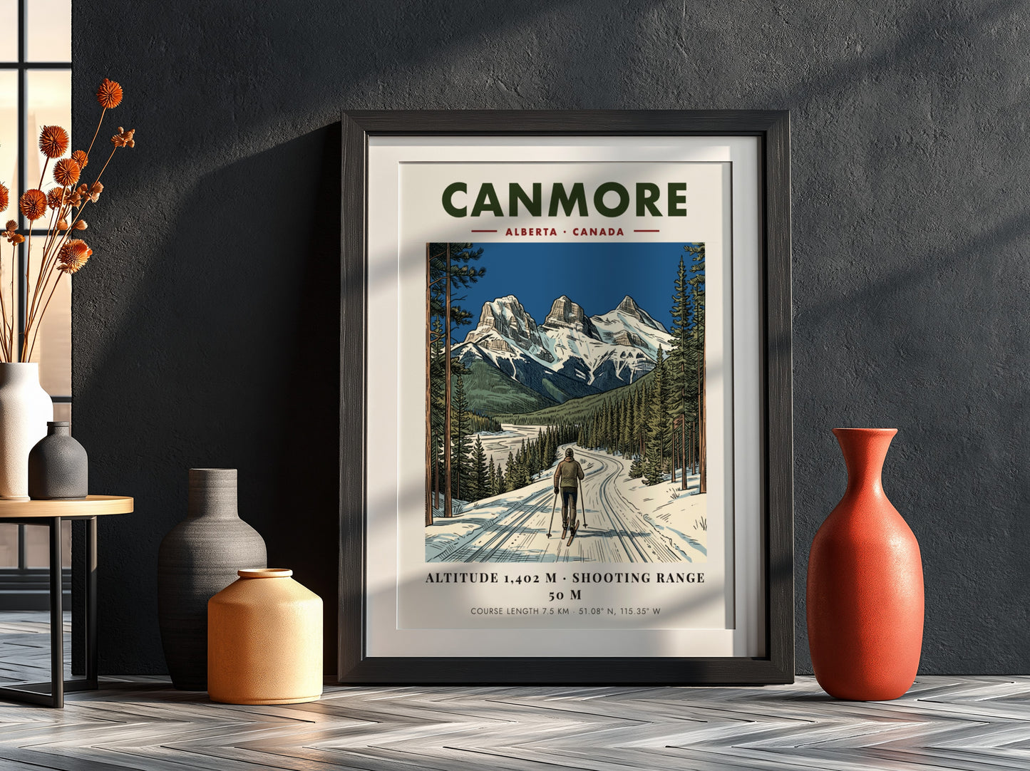 Poster of a lone skier on a snowy track beneath Canmore mountain peaks.