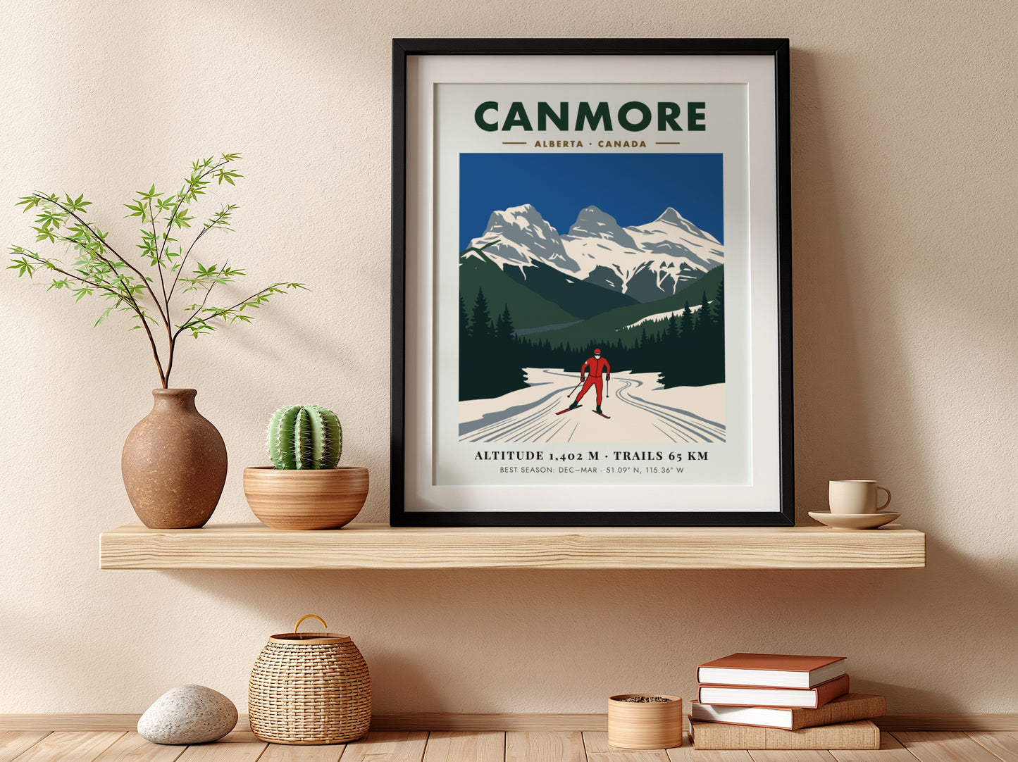 Poster of a cross-country skier with the Three Sisters mountains in Canmore Alberta