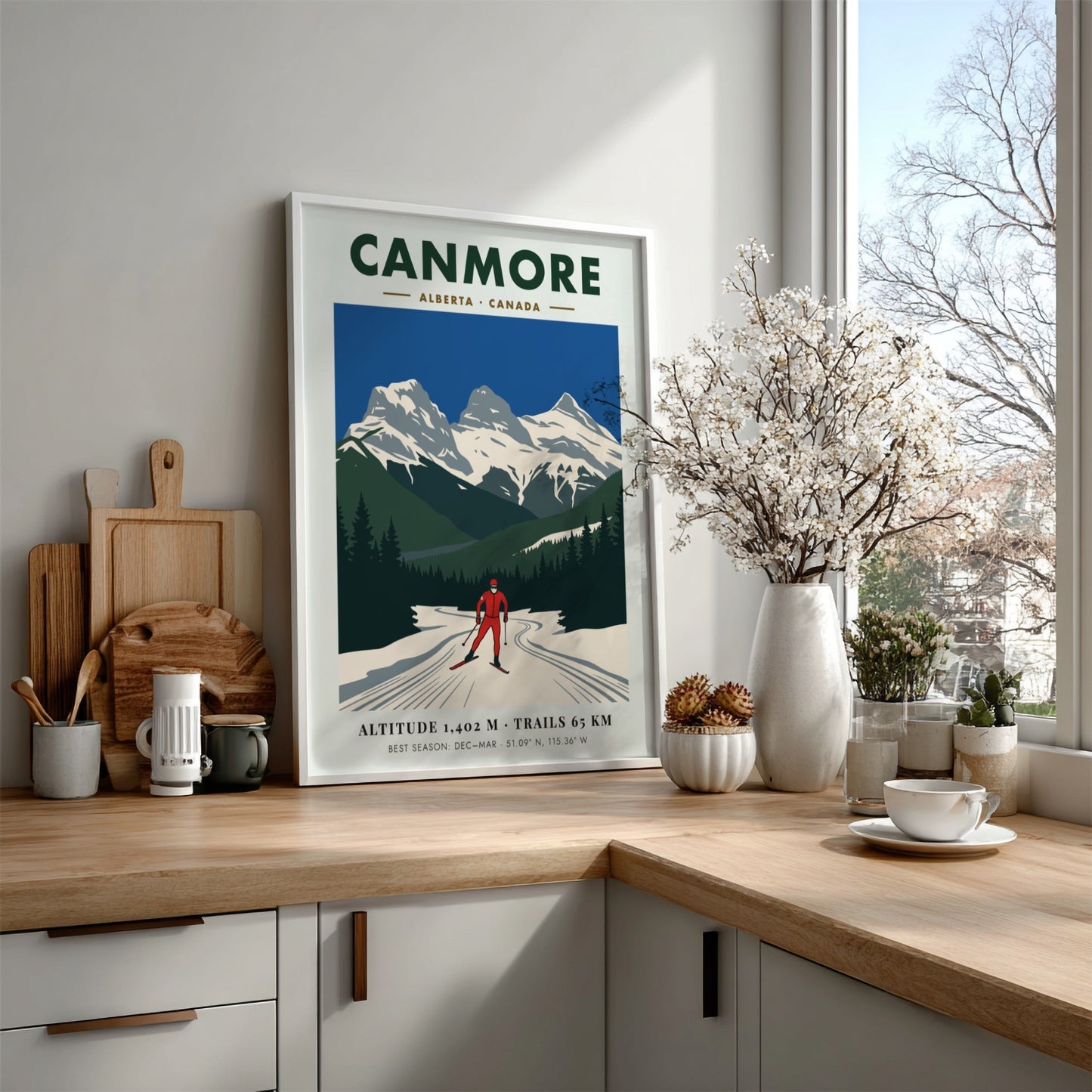 Poster of a cross-country skier with the Three Sisters mountains in Canmore Alberta