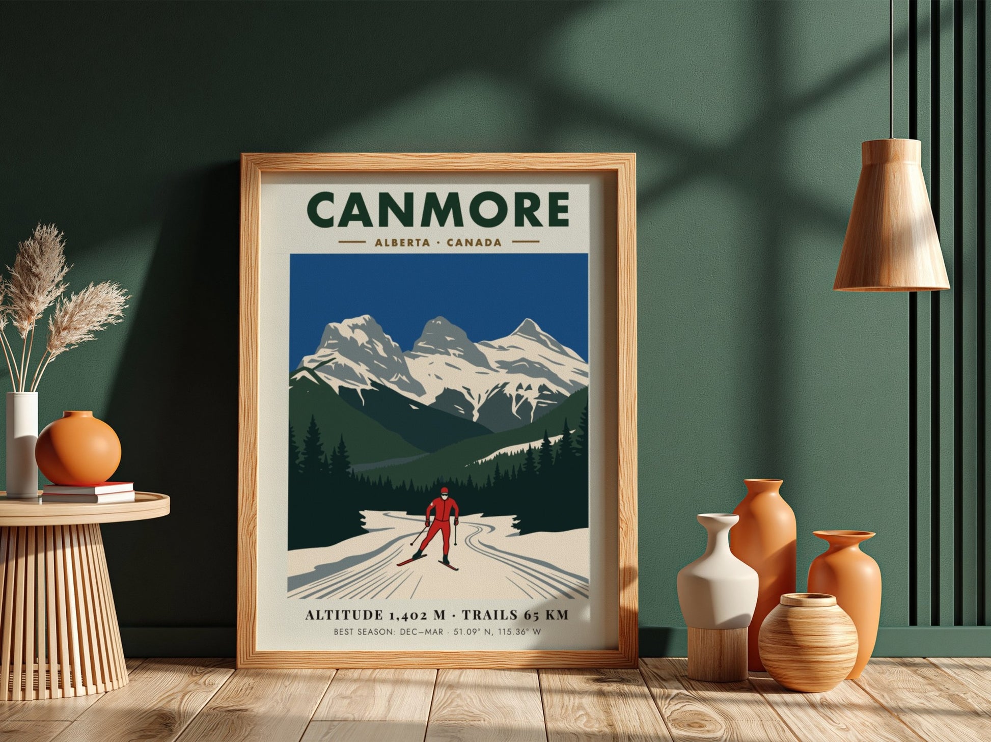 Poster of a cross-country skier with the Three Sisters mountains in Canmore Alberta