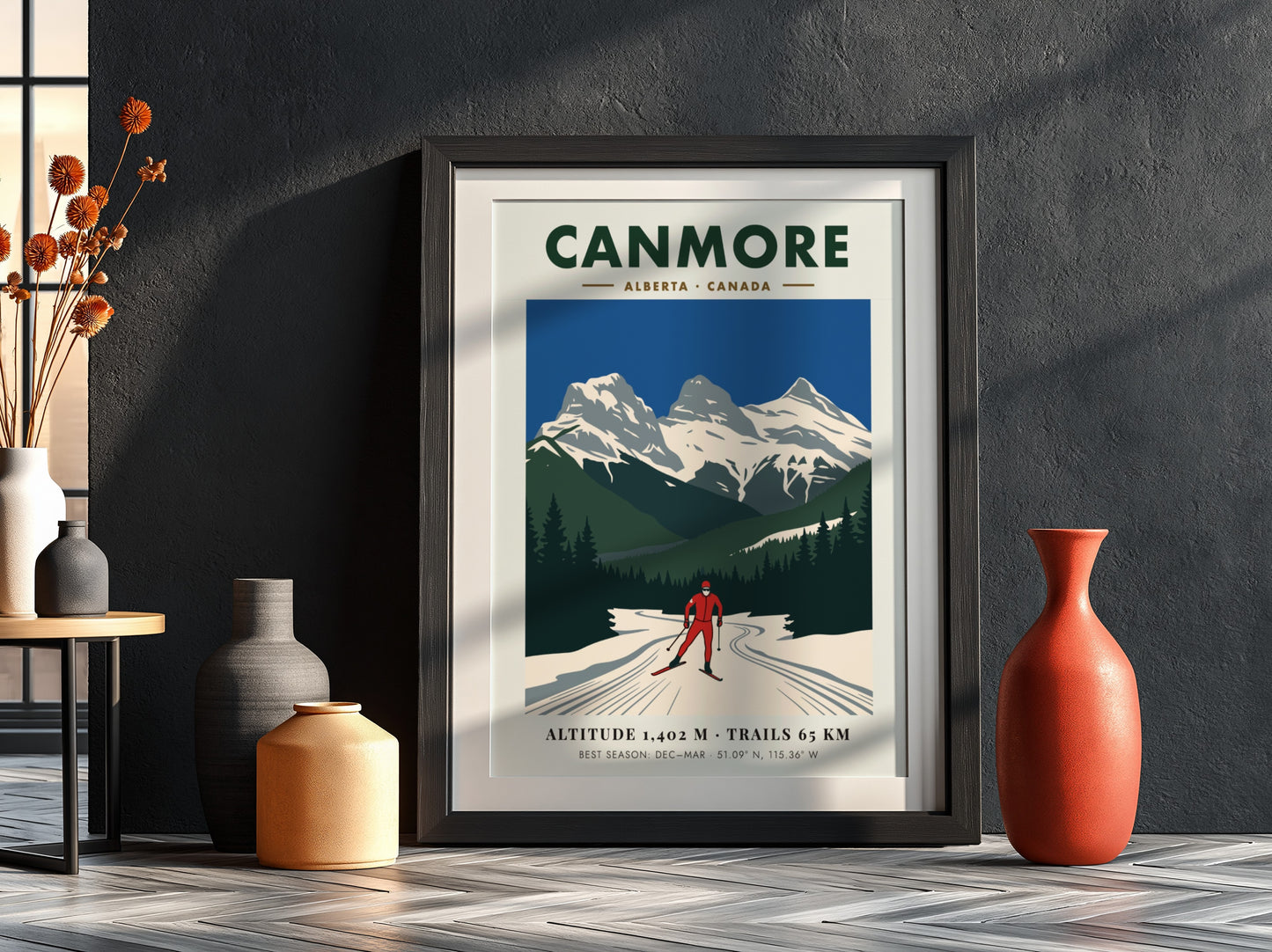 Poster of a cross-country skier with the Three Sisters mountains in Canmore Alberta