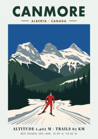 Poster of a cross-country skier with the Three Sisters mountains in Canmore Alberta