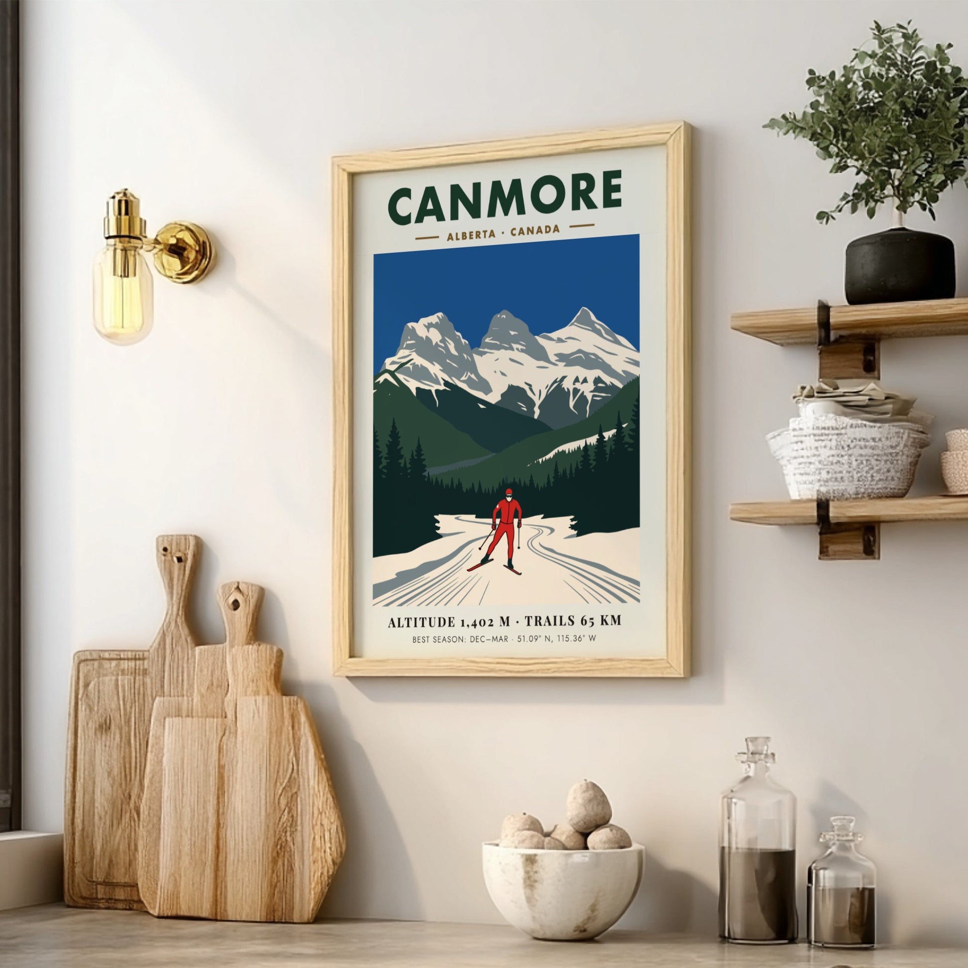Poster of a cross-country skier with the Three Sisters mountains in Canmore Alberta