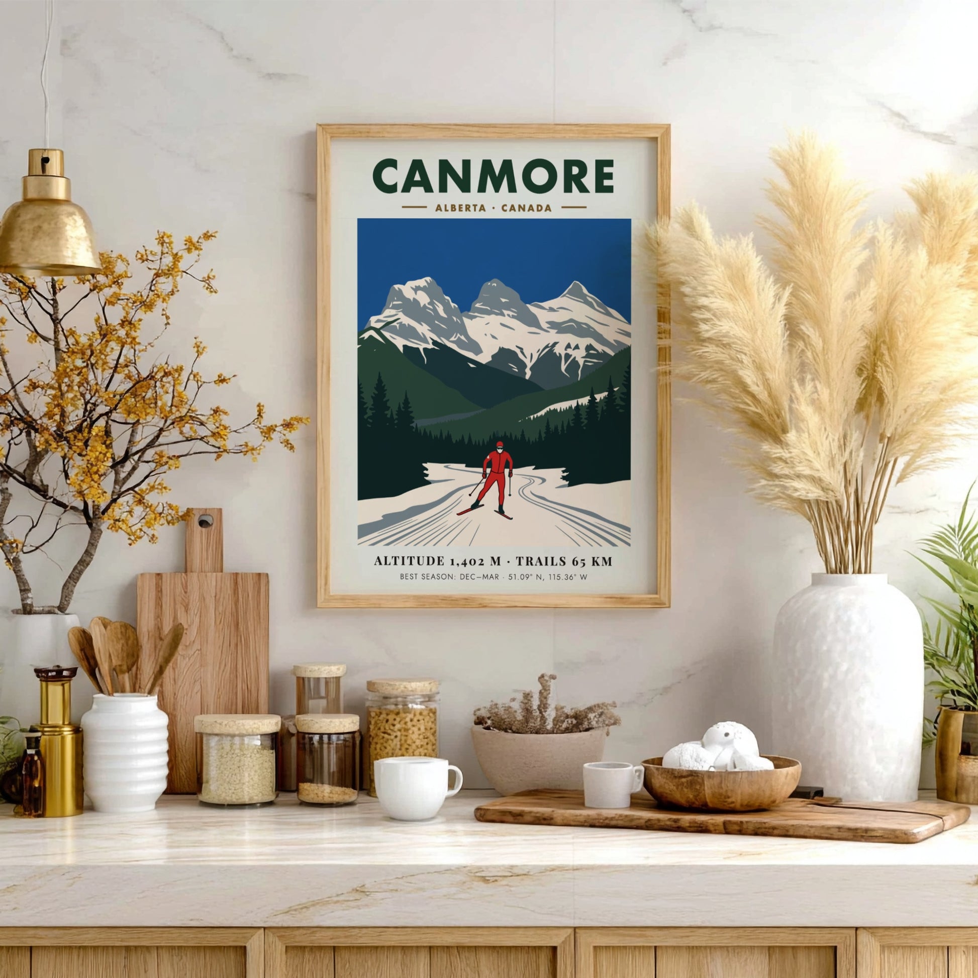 Poster of a cross-country skier with the Three Sisters mountains in Canmore Alberta