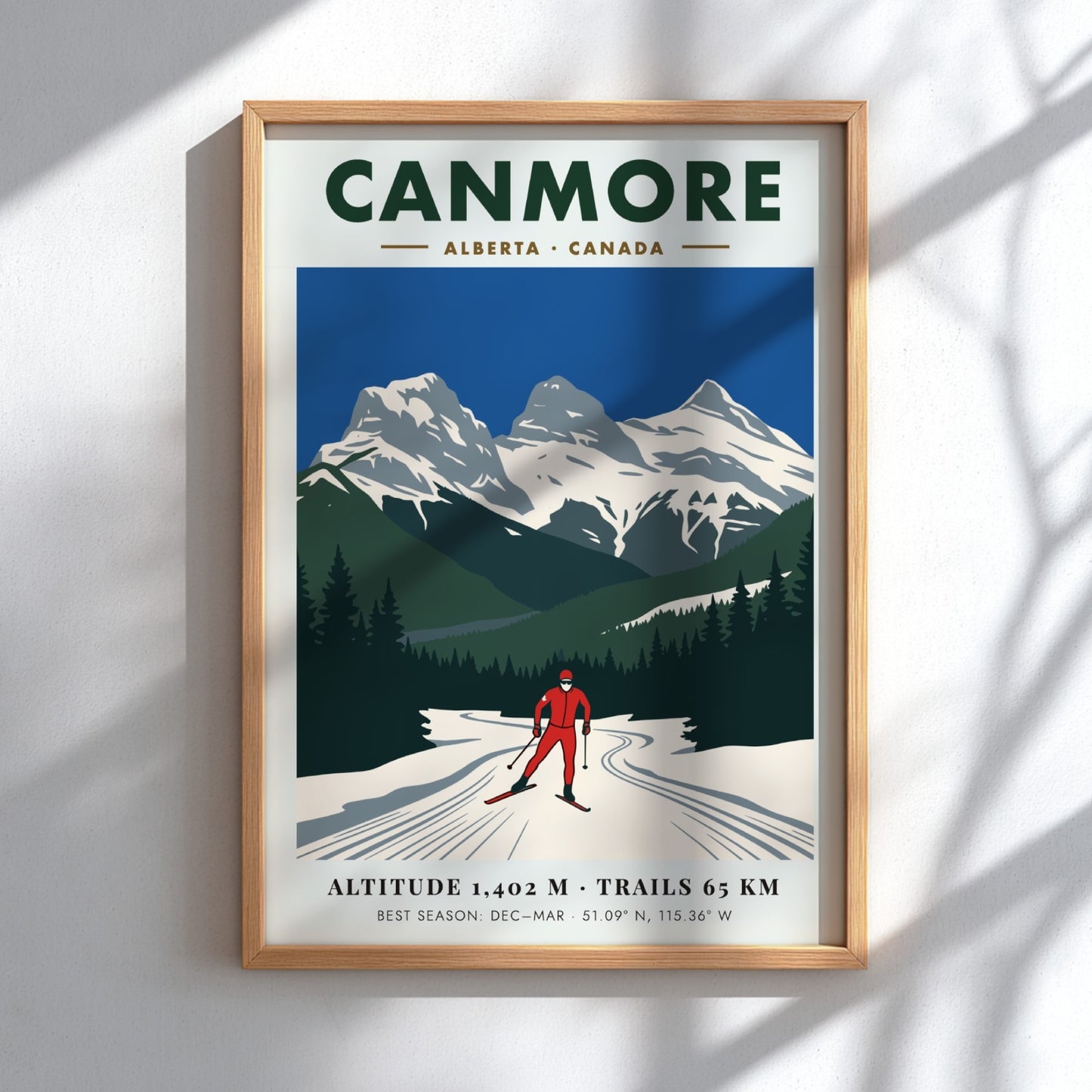 Poster of a cross-country skier with the Three Sisters mountains in Canmore Alberta