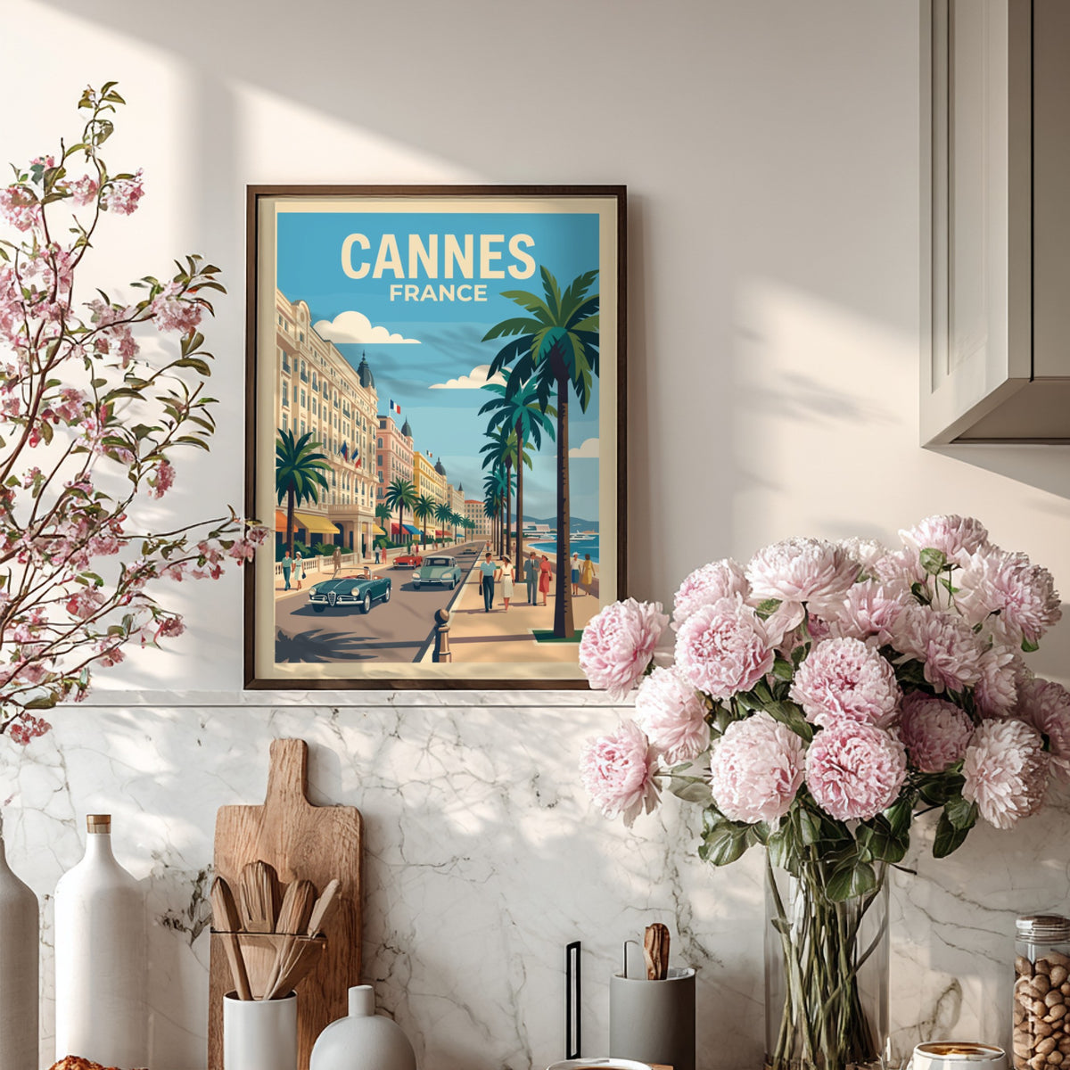 Vintage travel poster of Cannes France featuring palm trees classic cars and architecture