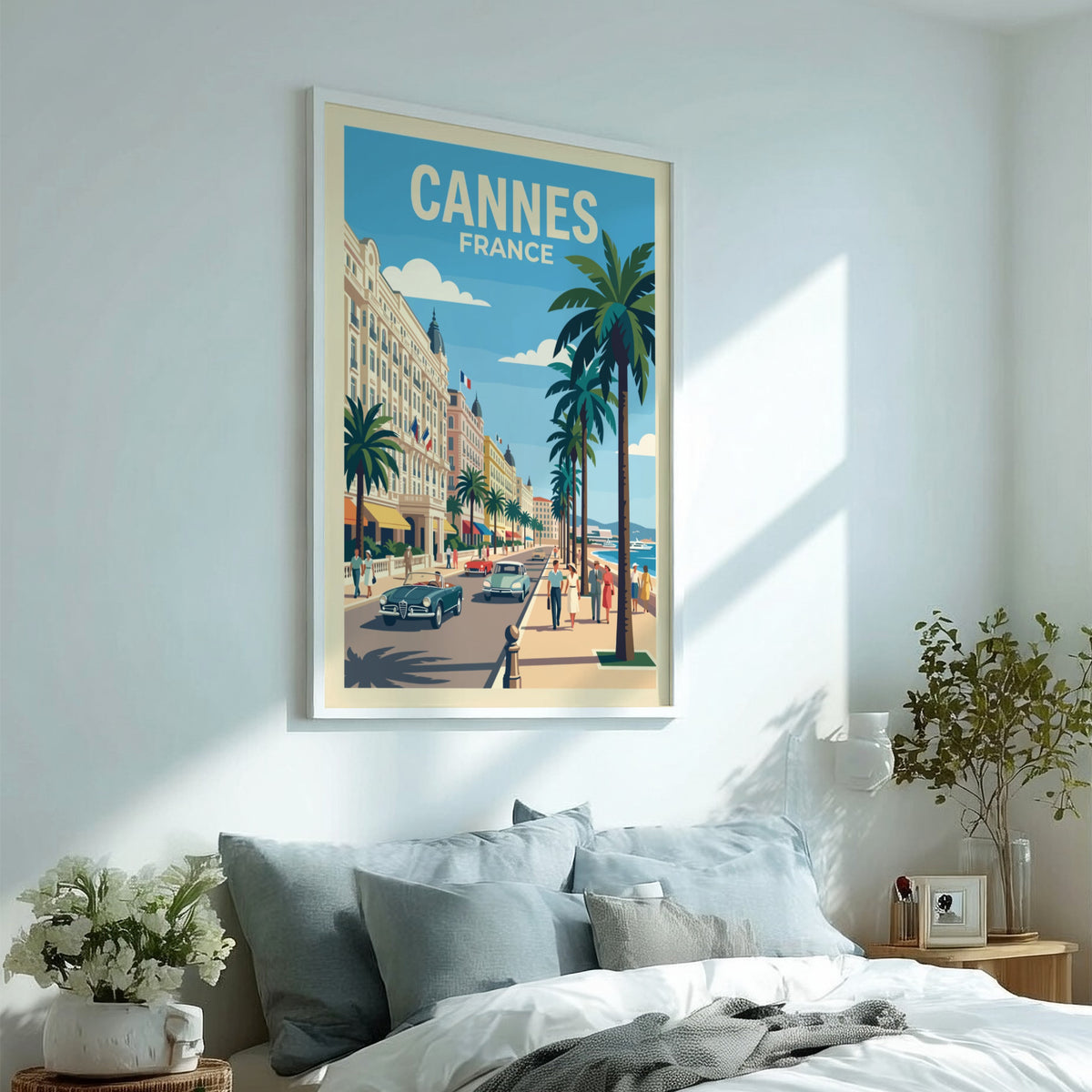 Vintage travel poster of Cannes France featuring palm trees classic cars and architecture