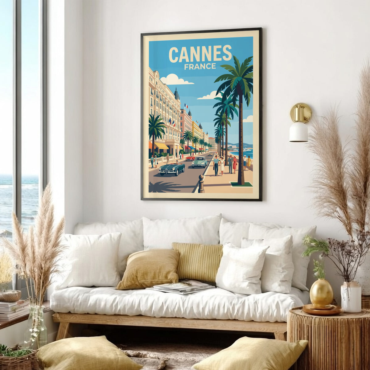 Vintage travel poster of Cannes France featuring palm trees classic cars and architecture