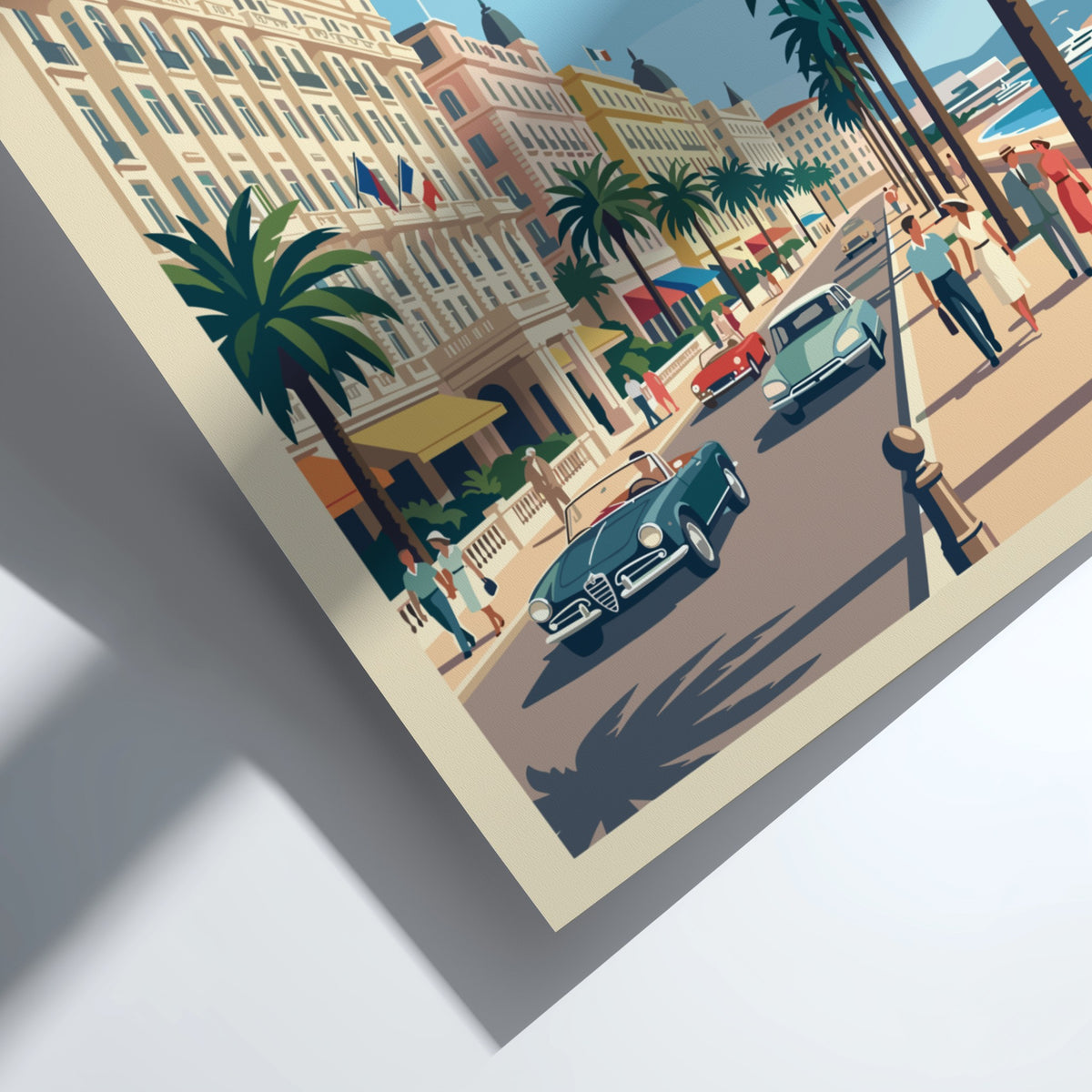 Vintage travel poster of Cannes France featuring palm trees classic cars and architecture