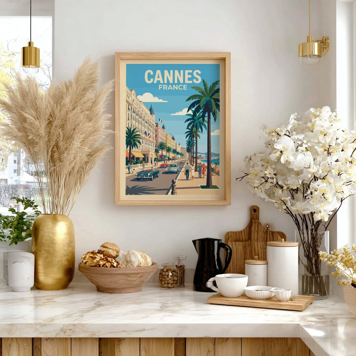 Vintage travel poster of Cannes France featuring palm trees classic cars and architecture