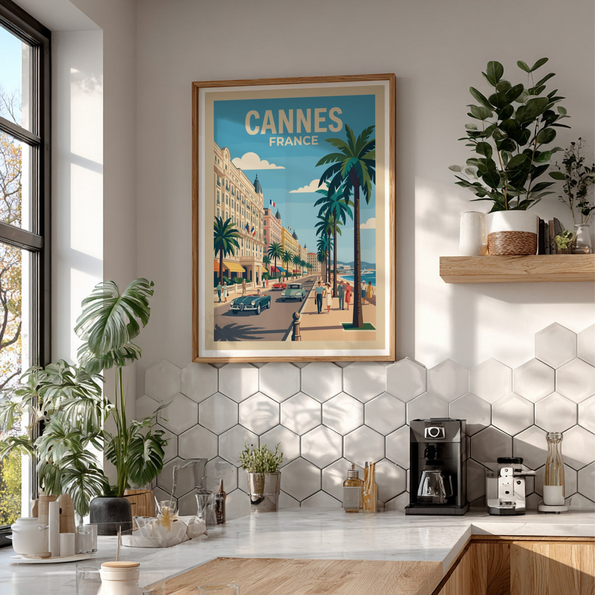 Vintage travel poster of Cannes France featuring palm trees classic cars and architecture