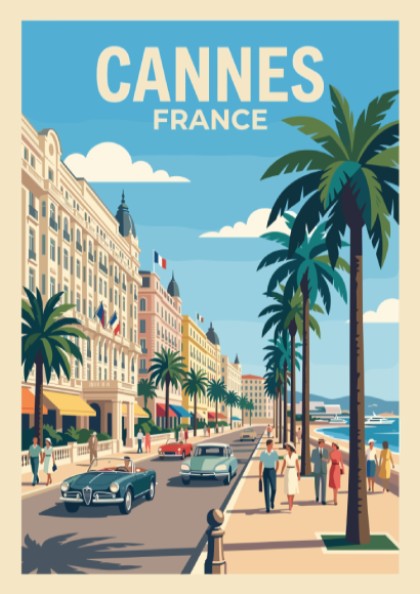 Vintage travel poster of Cannes France featuring palm trees classic cars and architecture
