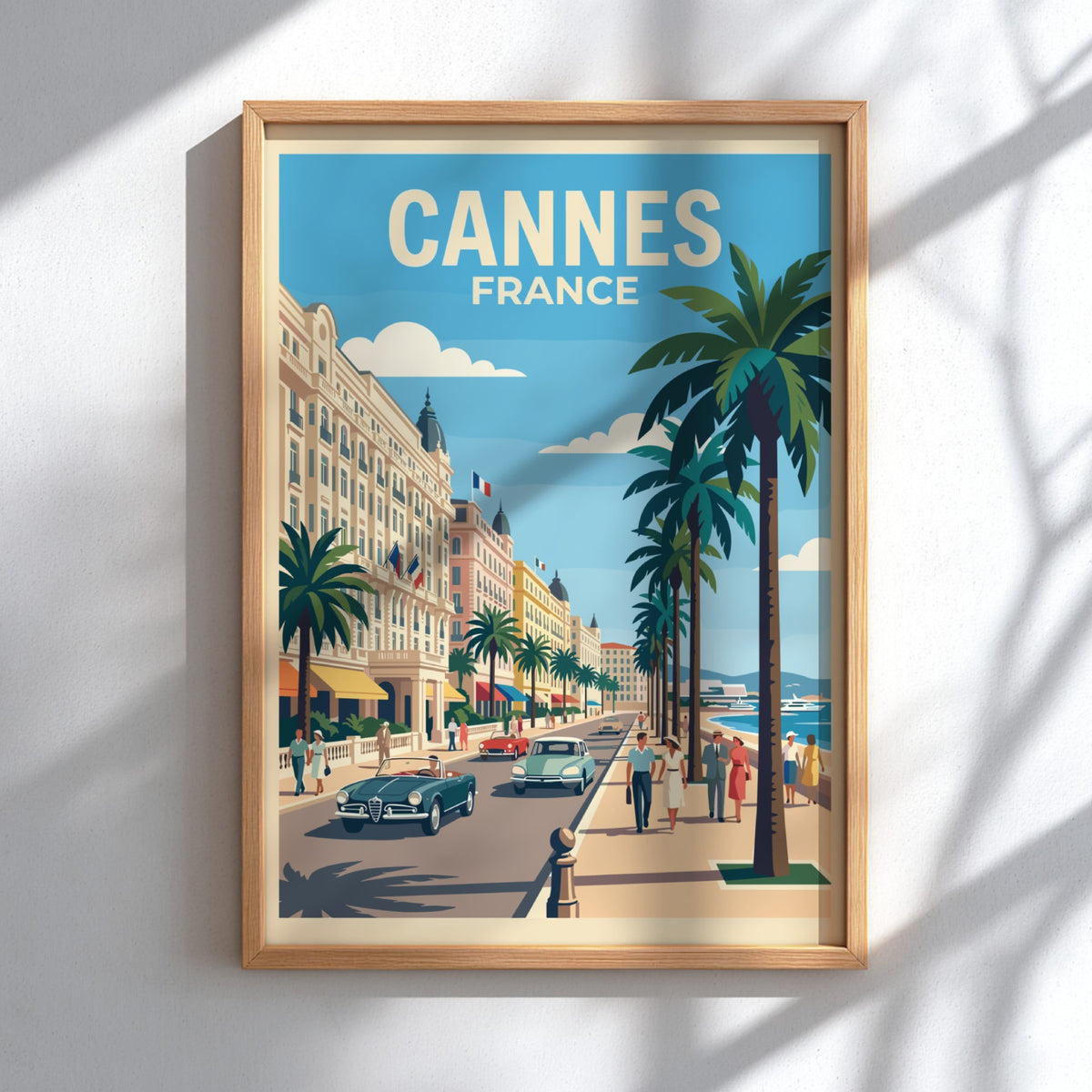 Vintage travel poster of Cannes France featuring palm trees classic cars and architecture