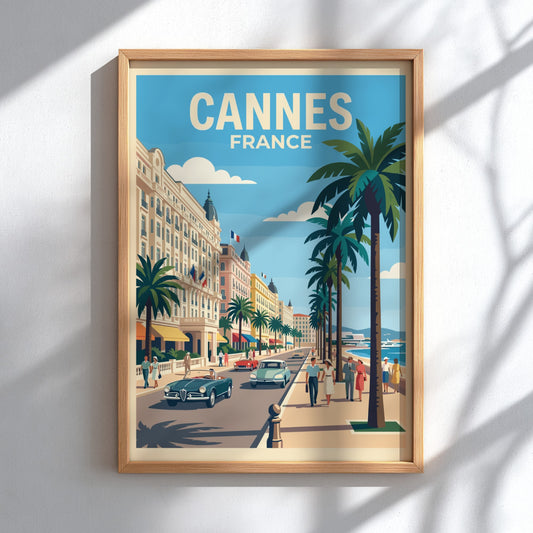 Vintage travel poster of Cannes France featuring palm trees classic cars and architecture