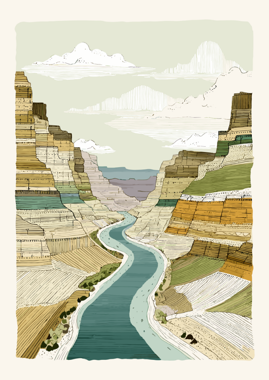 Illustration of a river flowing through a landscape with layered cliffs.