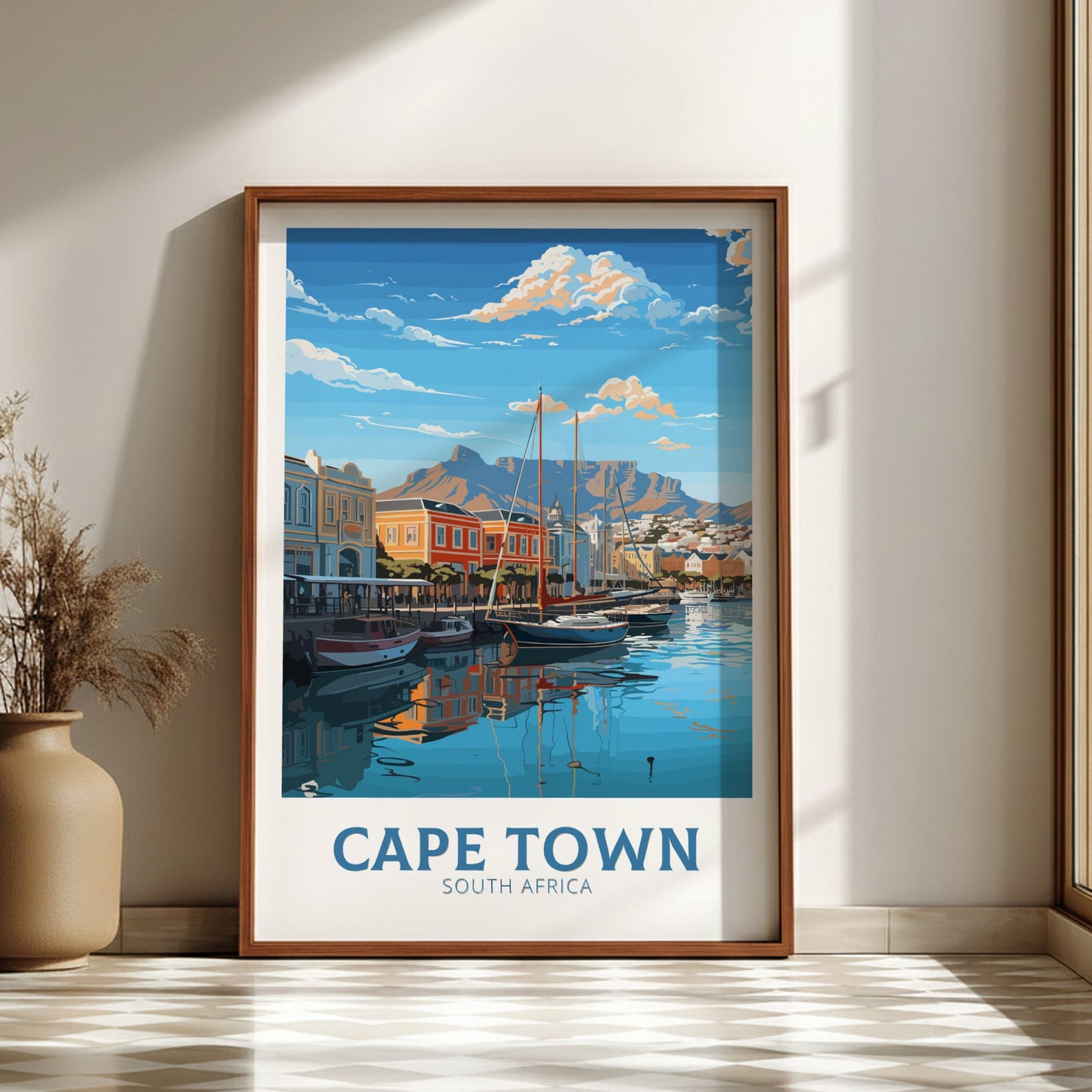 Framed artwork of Cape Town, South Africa, on a wall with a vase and plant.
