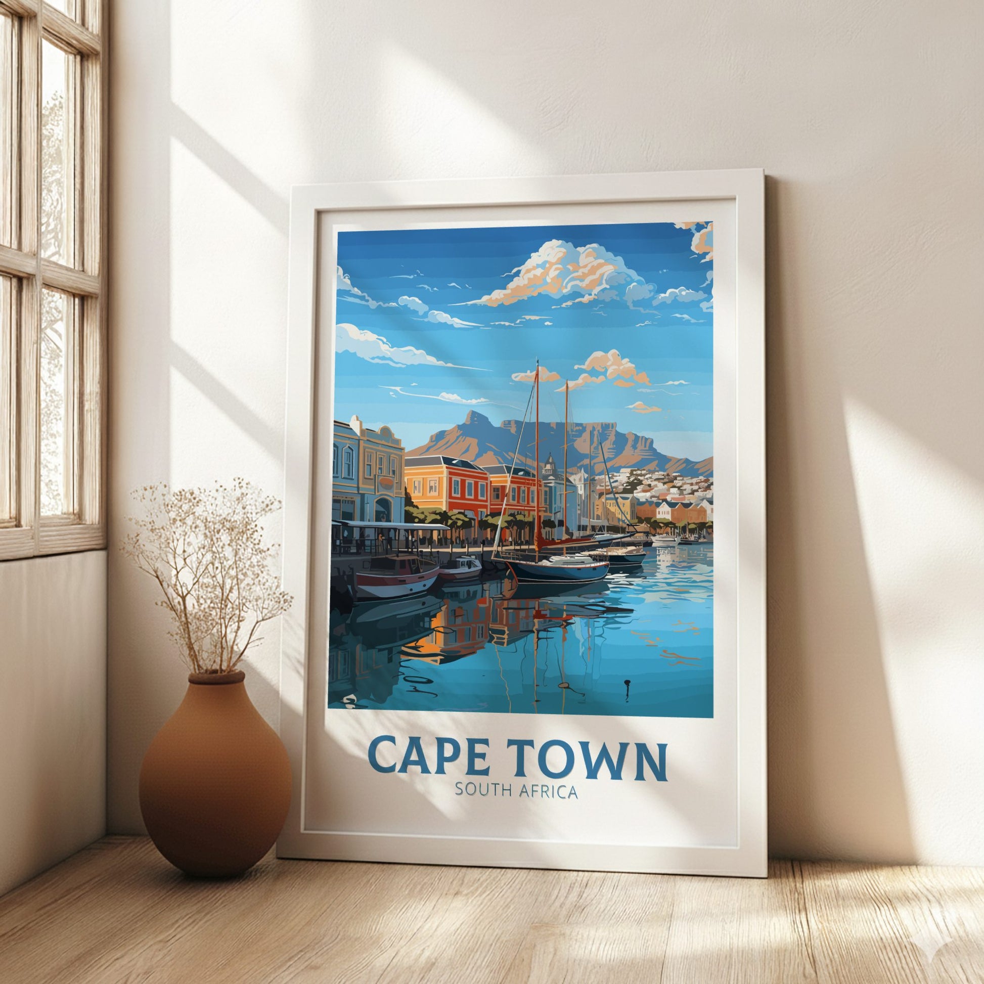 Framed artwork of Cape Town, South Africa, on a wall in a bright room with a vase.